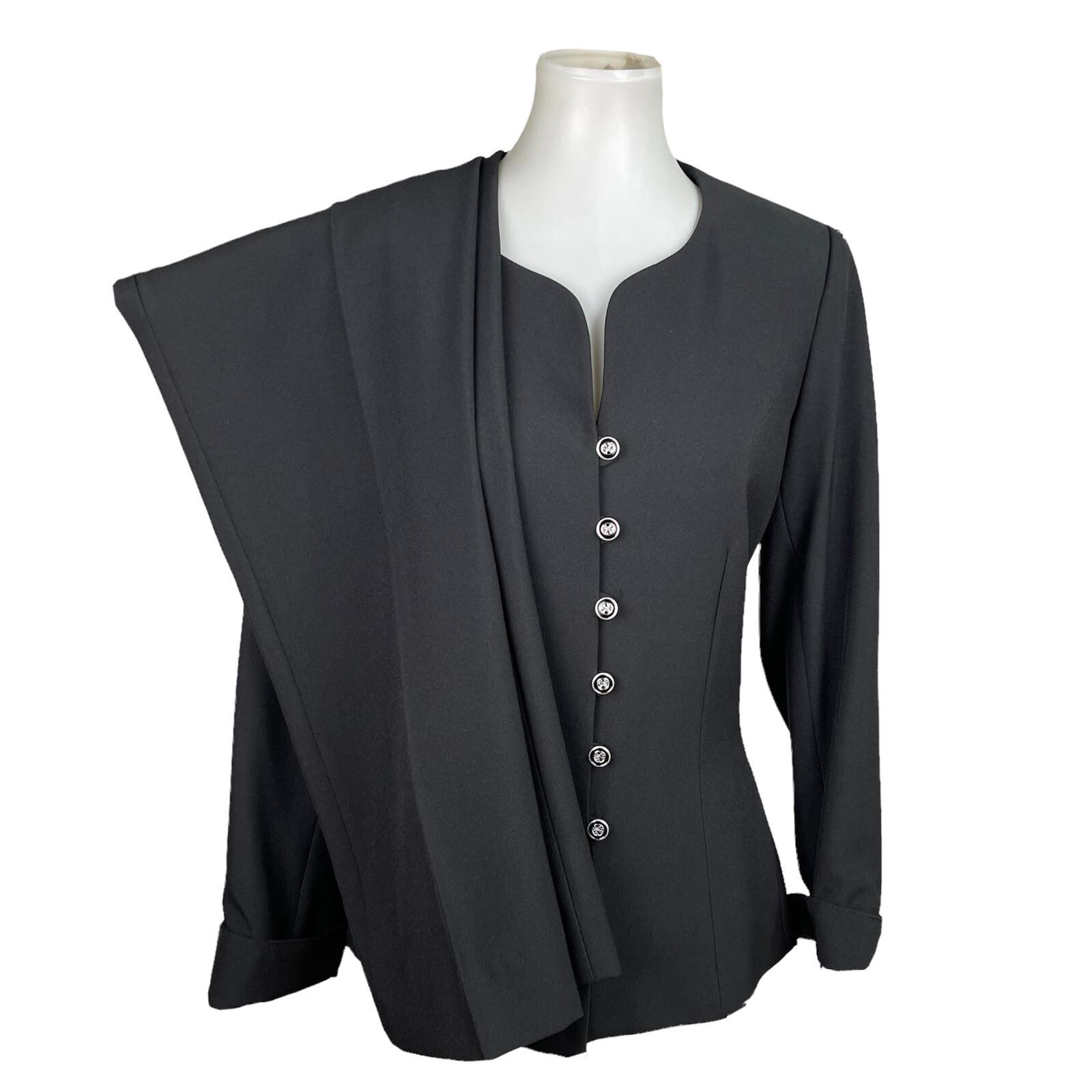 10-6234.jpg Emily Women Polyester Spandex Pant Suit Size 8 Black Lined Collarless 2PC Slim