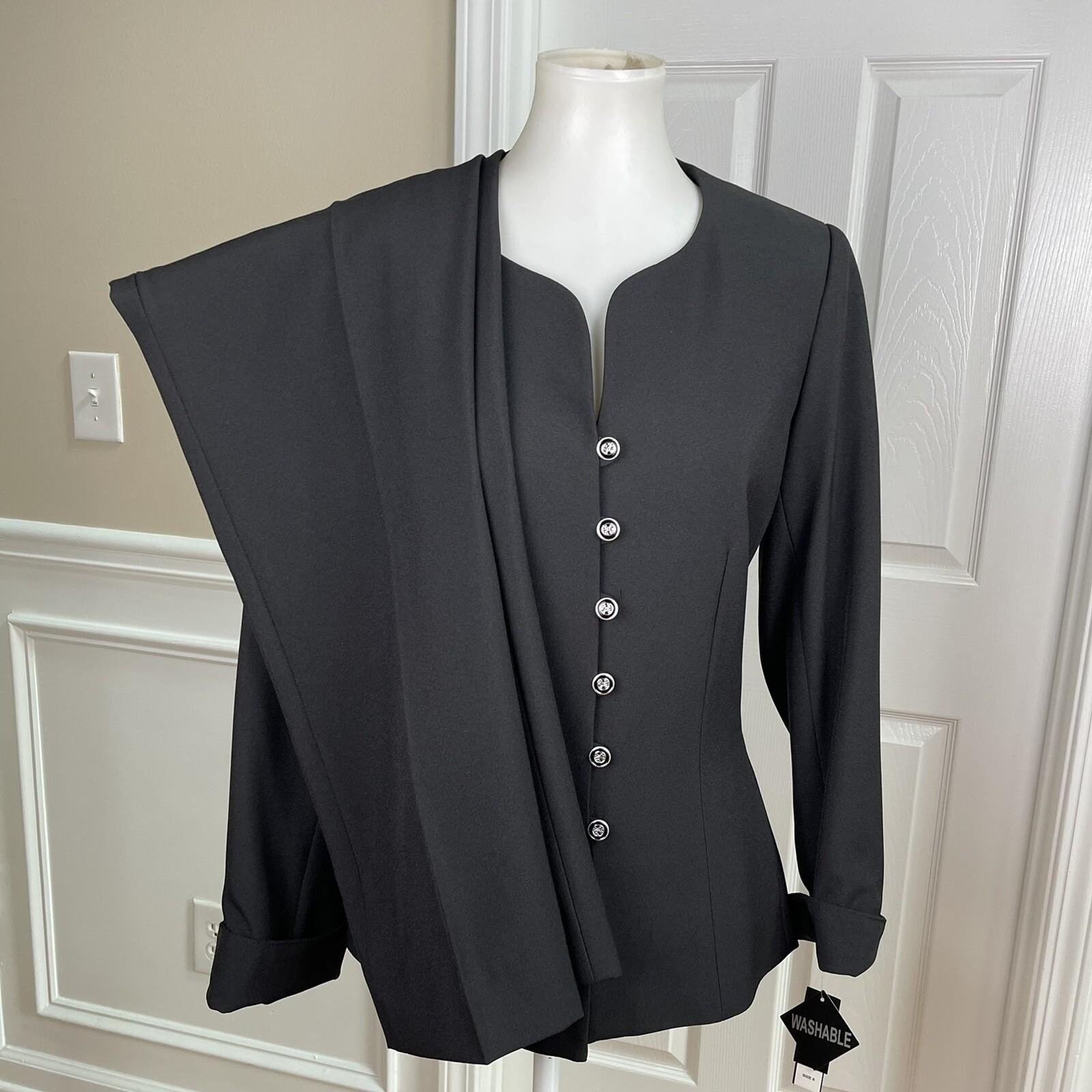 10-6235.jpg Emily Women Polyester Spandex Pant Suit Size 8 Black Lined Collarless 2PC Slim