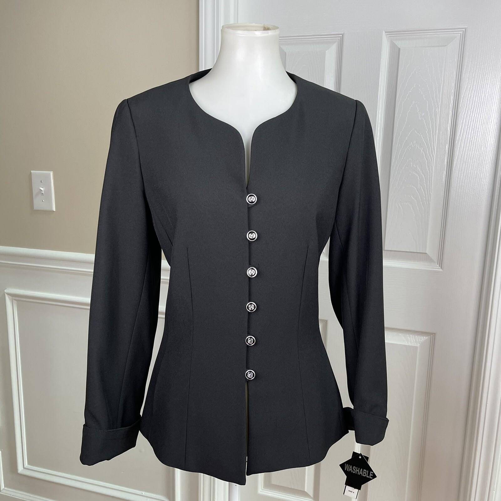 10-6236.jpg Emily Women Polyester Spandex Pant Suit Size 8 Black Lined Collarless 2PC Slim