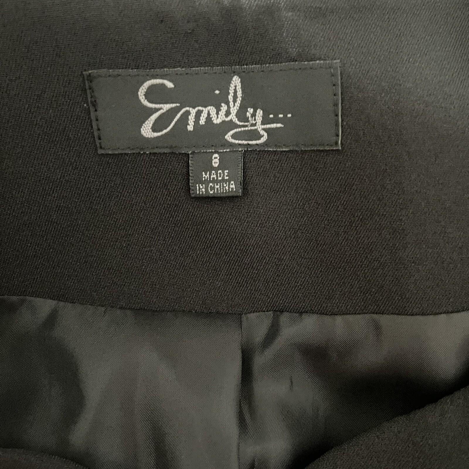 10-6241.jpg Emily Women Polyester Spandex Pant Suit Size 8 Black Lined Collarless 2PC Slim
