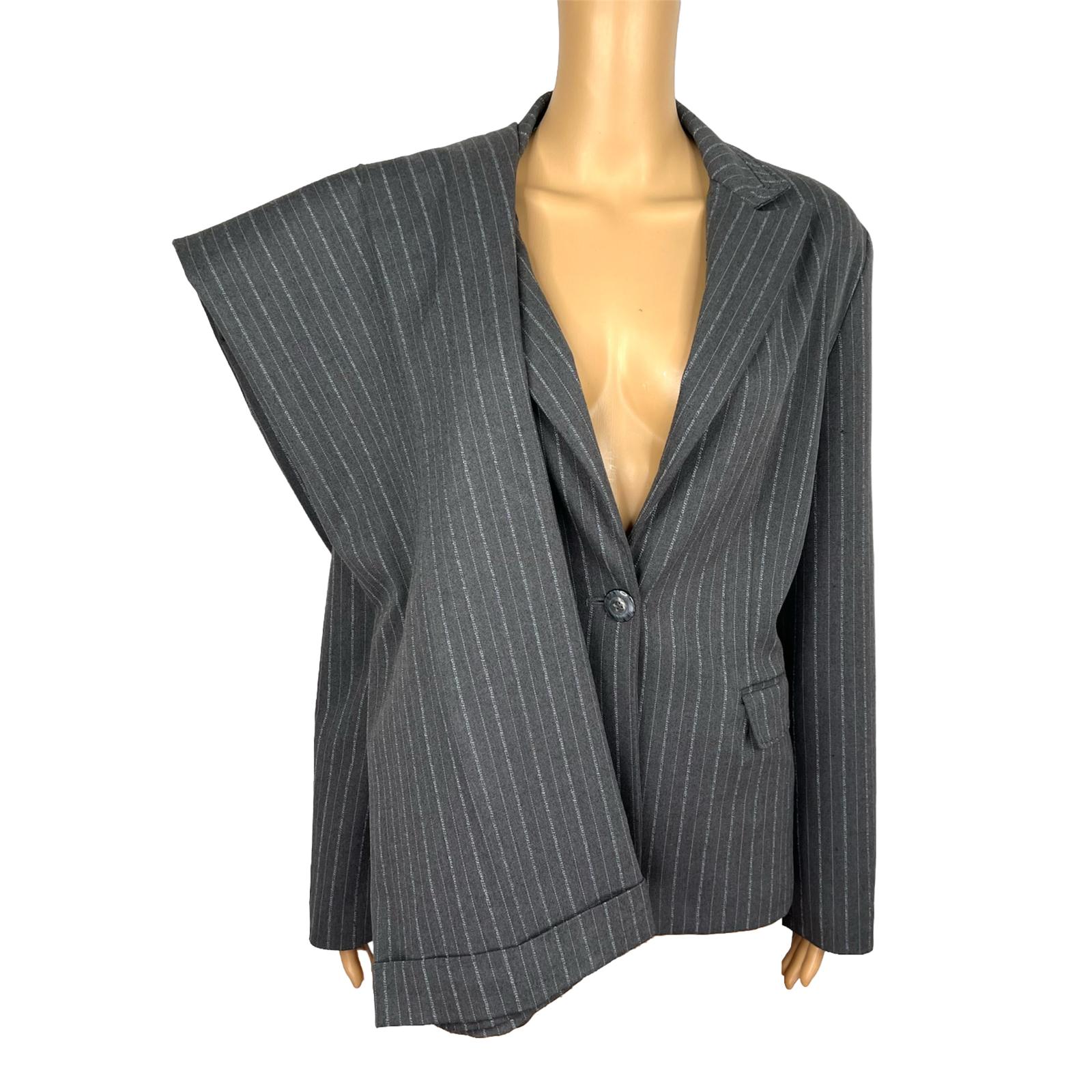 LARRY LEVINE 2PC Gray Striped Polyester Rayon Spandex Career Pant Suit Size 8