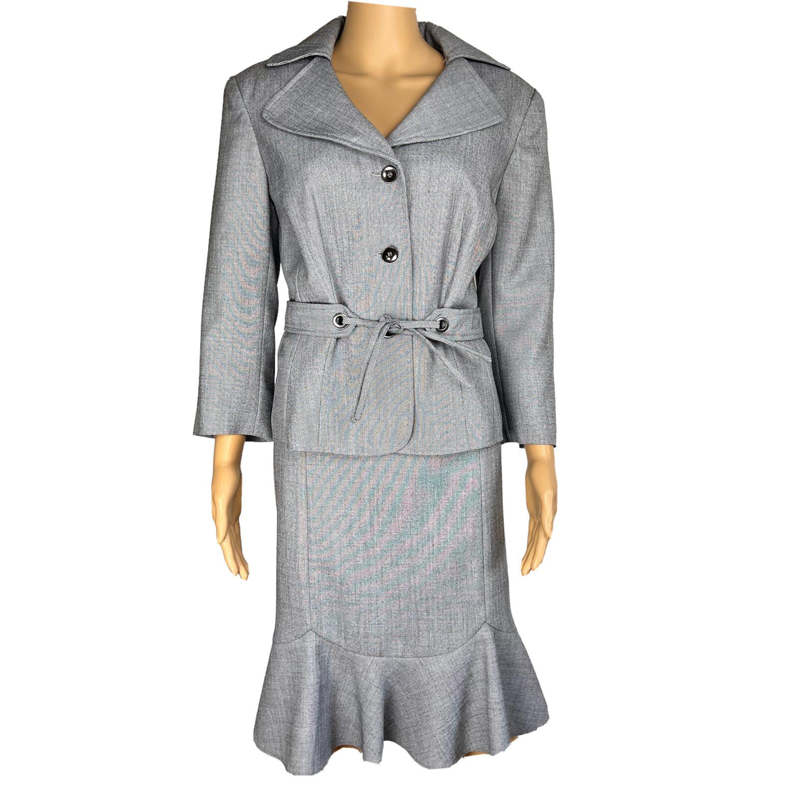 Isabella Polyester Skirt Suit Size 10 Light Gray Belted Ruffle Swing Women 2PC