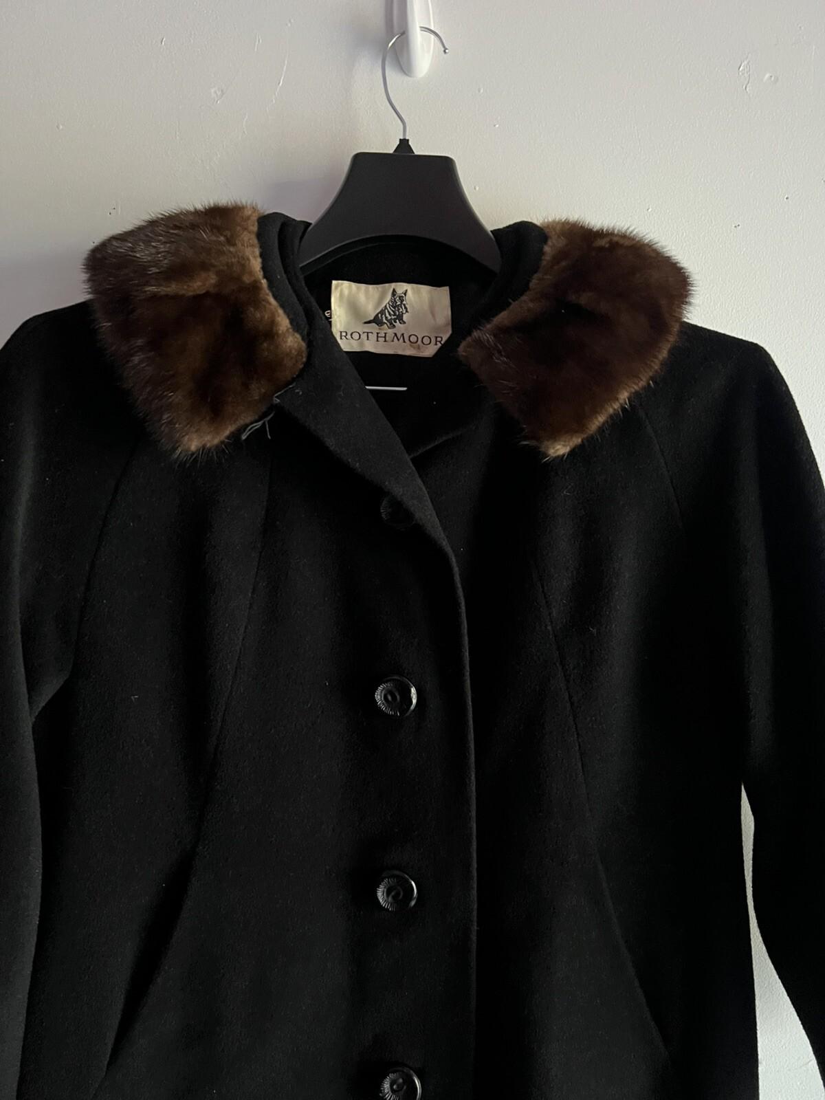 Rothmoor Vintage 1960's Wool PeaCoat Black Size S/M Fur Collar Lined