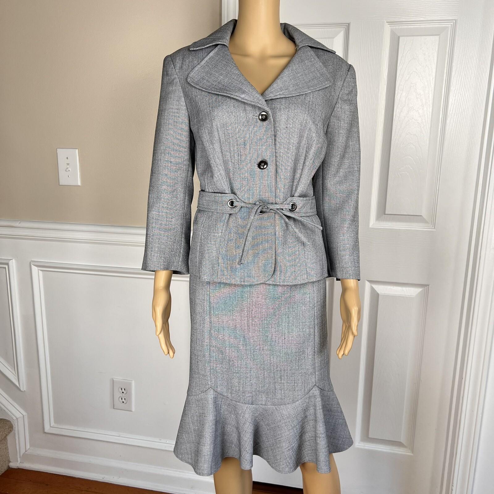 Isabella Polyester Skirt Suit Size 10 Light Gray Belted Ruffle Swing Women 2PC