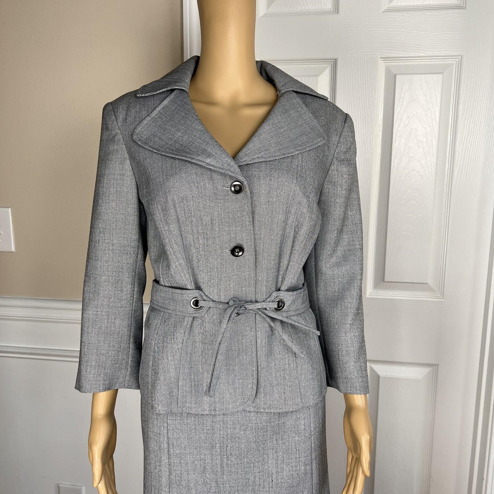 Isabella Polyester Skirt Suit Size 10 Light Gray Belted Ruffle Swing Women 2PC