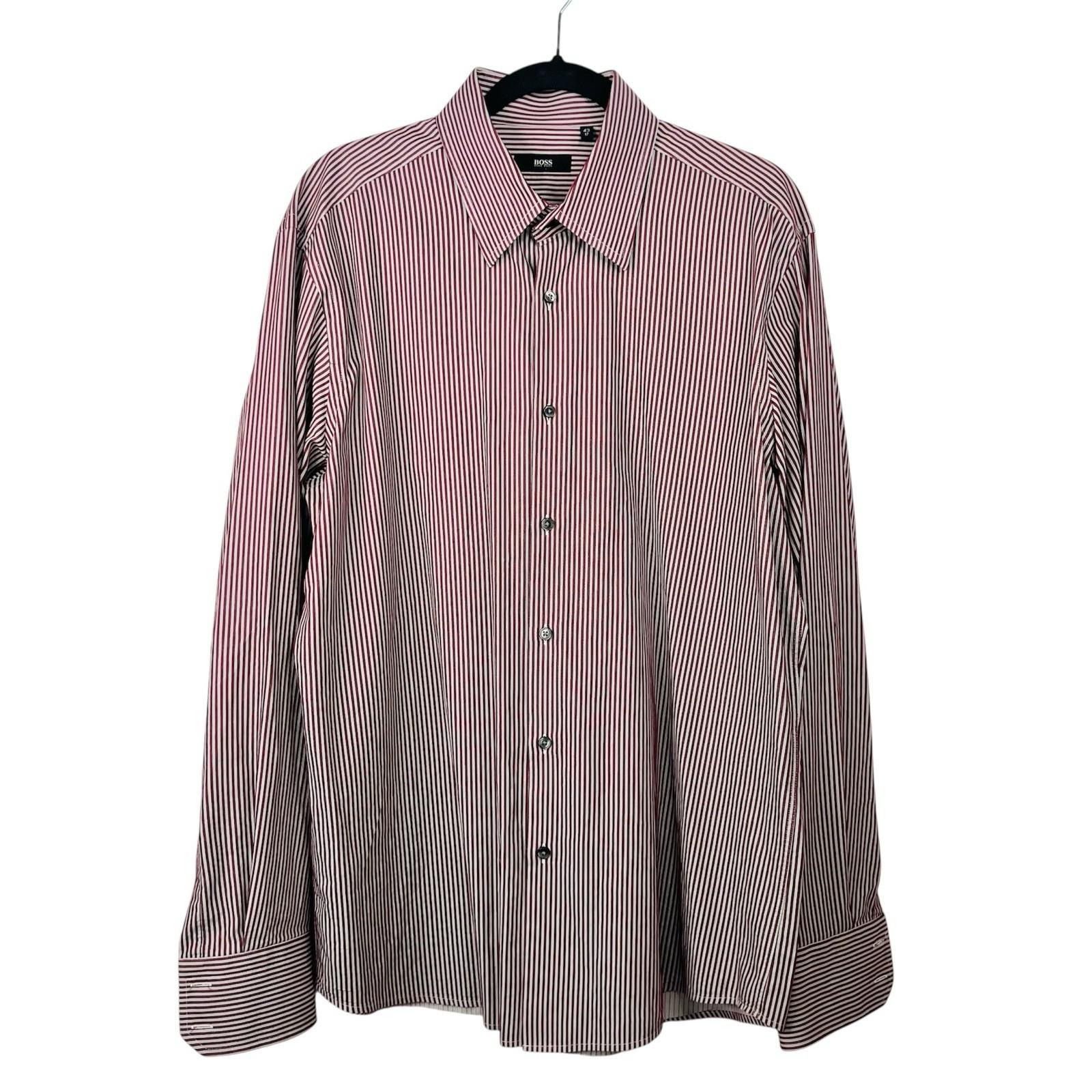 Boss Hugo Boss Button Up Shirt 43/17 Berry Striped Long Sleeve Made In Italy