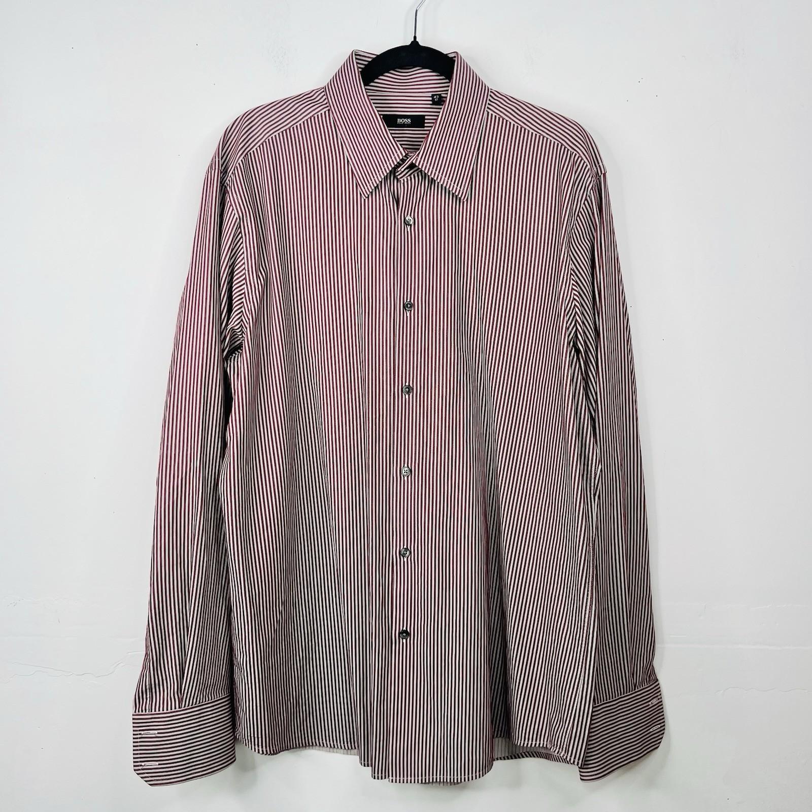 Boss Hugo Boss Button Up Shirt 43/17 Berry Striped Long Sleeve Made In Italy