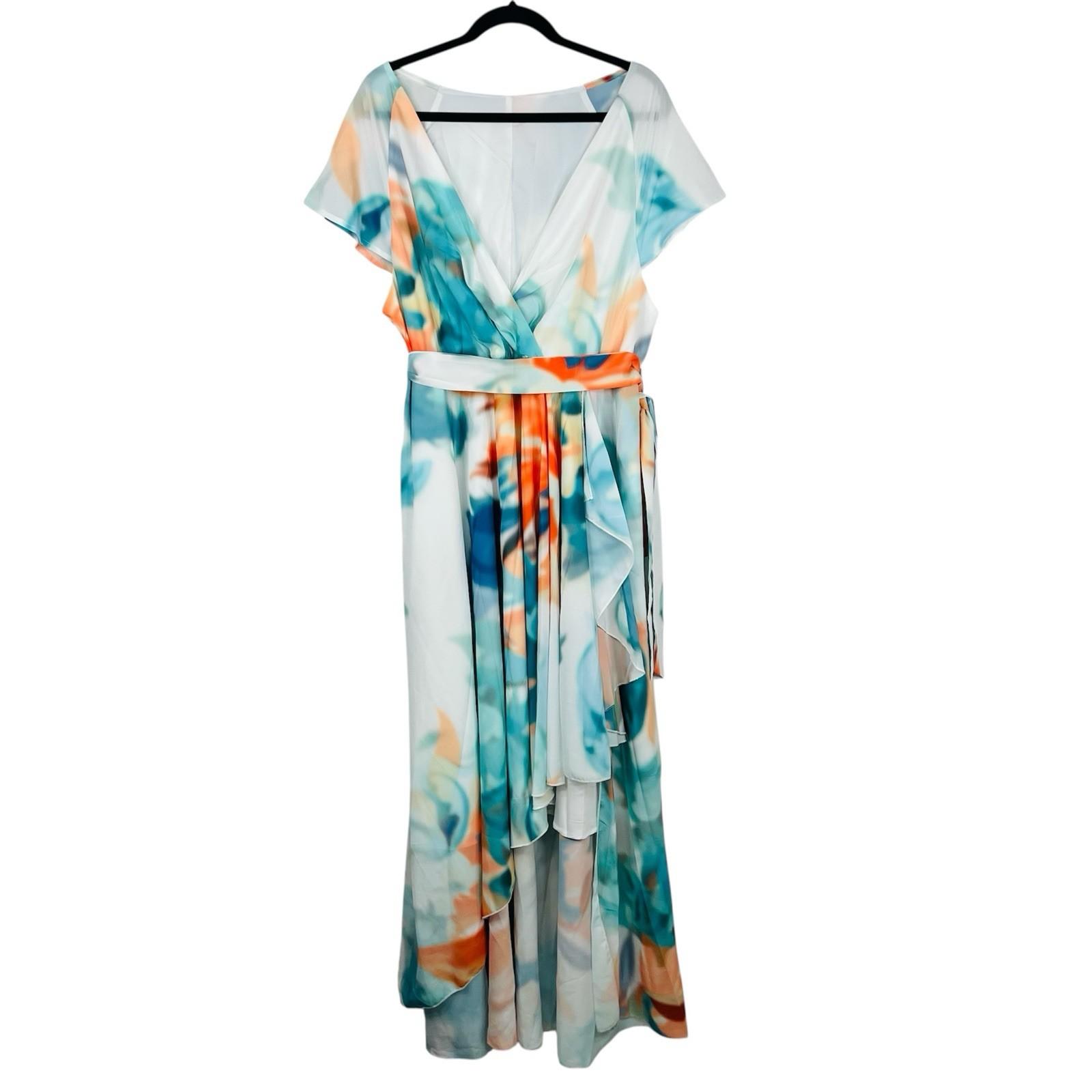 PlusWear Maxi Dress Size 2XL Ruffle V Neck Belted Flutter Sleeves Chiffon New