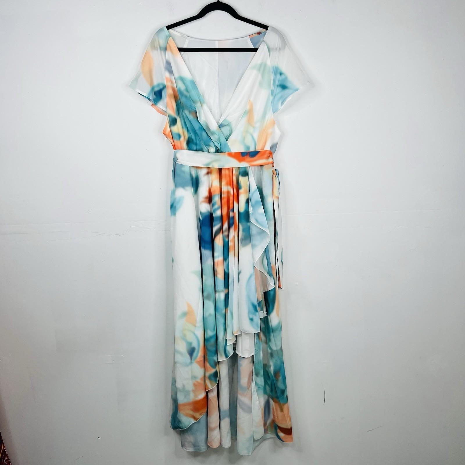PlusWear Maxi Dress Size 2XL Ruffle V Neck Belted Flutter Sleeves Chiffon New