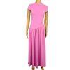 Women Maxi Stretch Dress Size M Pink Mock Neck Cap Sleeves Flowy Modest