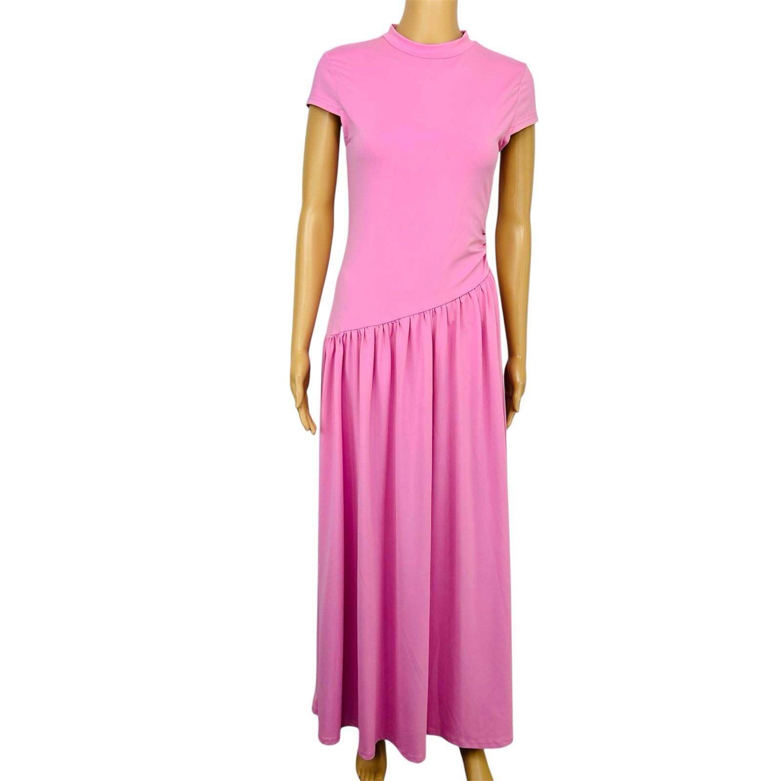 Women Maxi Stretch Dress Size M Pink Mock Neck Cap Sleeves Flowy Modest