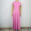 Women Maxi Stretch Dress Size M Pink Mock Neck Cap Sleeves Flowy Modest
