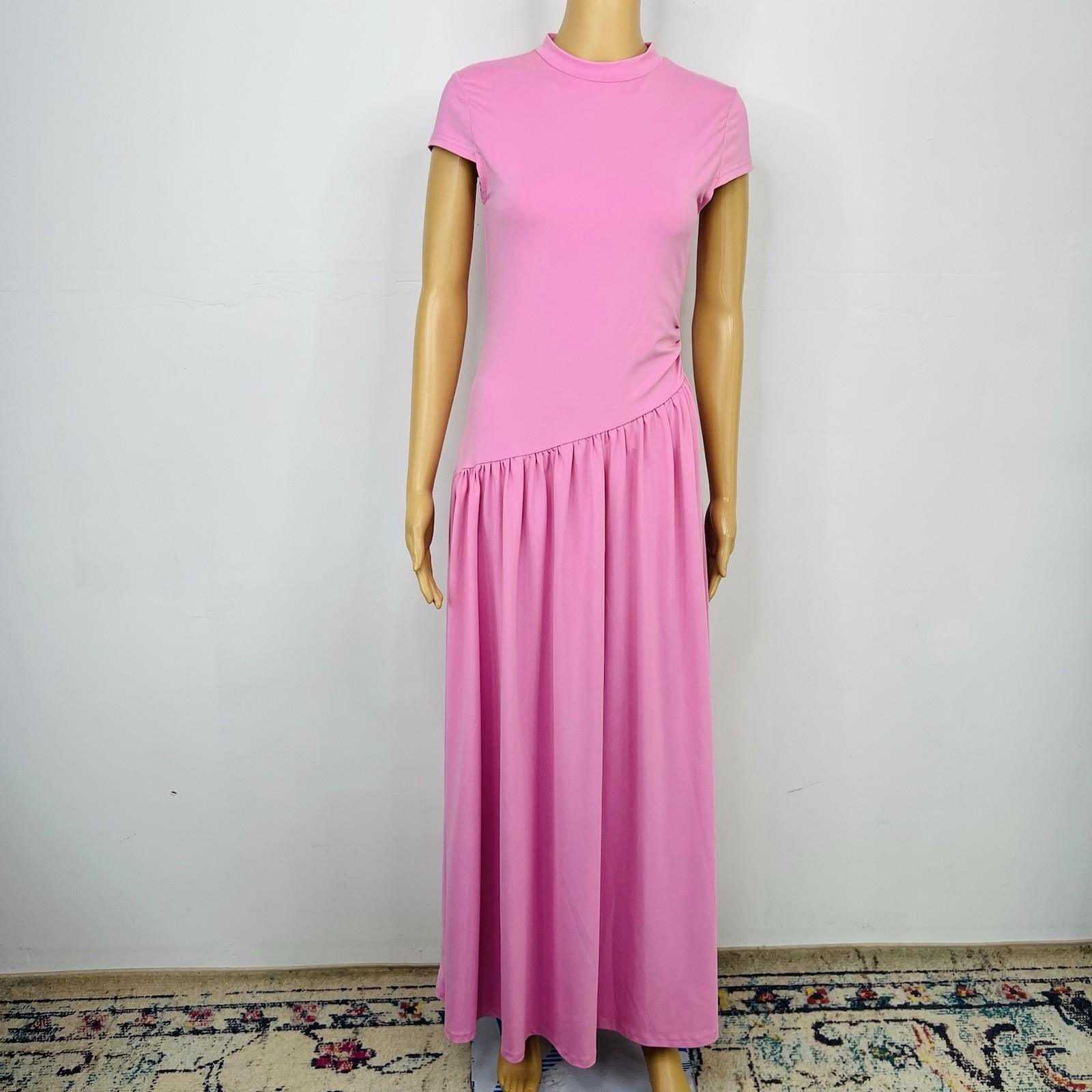 Women Maxi Stretch Dress Size M Pink Mock Neck Cap Sleeves Flowy Modest