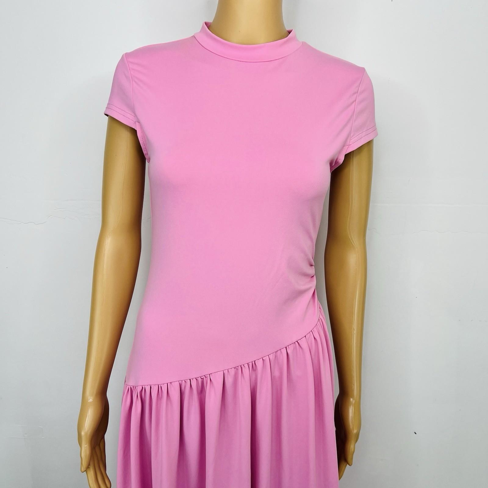 Women Maxi Stretch Dress Size M Pink Mock Neck Cap Sleeves Flowy Modest