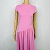 Women Maxi Stretch Dress Size M Pink Mock Neck Cap Sleeves Flowy Modest