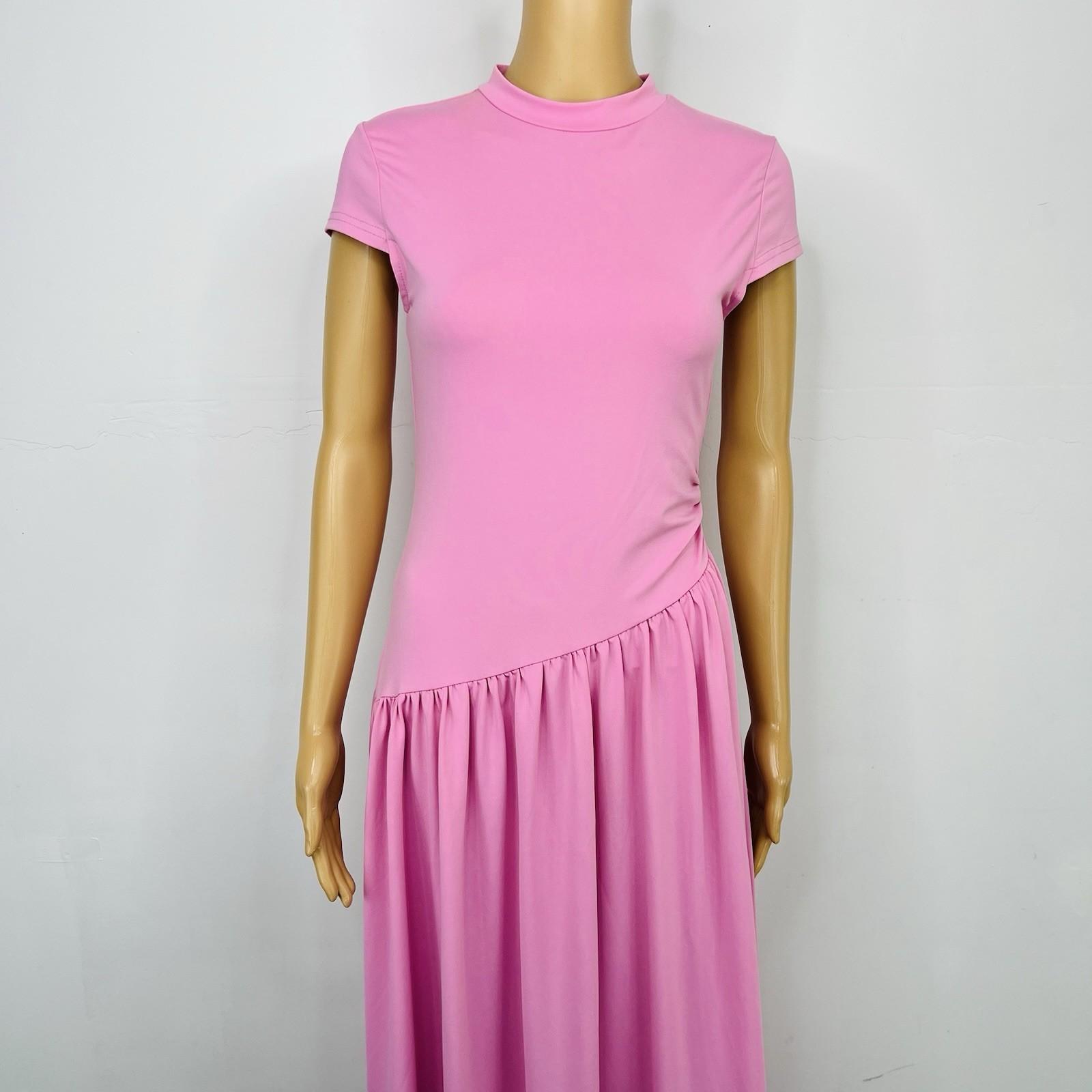 Women Maxi Stretch Dress Size M Pink Mock Neck Cap Sleeves Flowy Modest