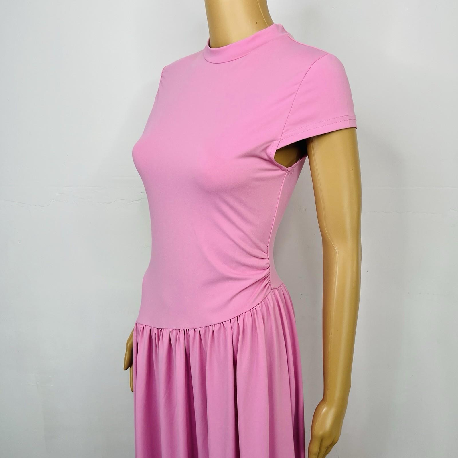 Women Maxi Stretch Dress Size M Pink Mock Neck Cap Sleeves Flowy Modest