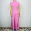 Women Maxi Stretch Dress Size M Pink Mock Neck Cap Sleeves Flowy Modest