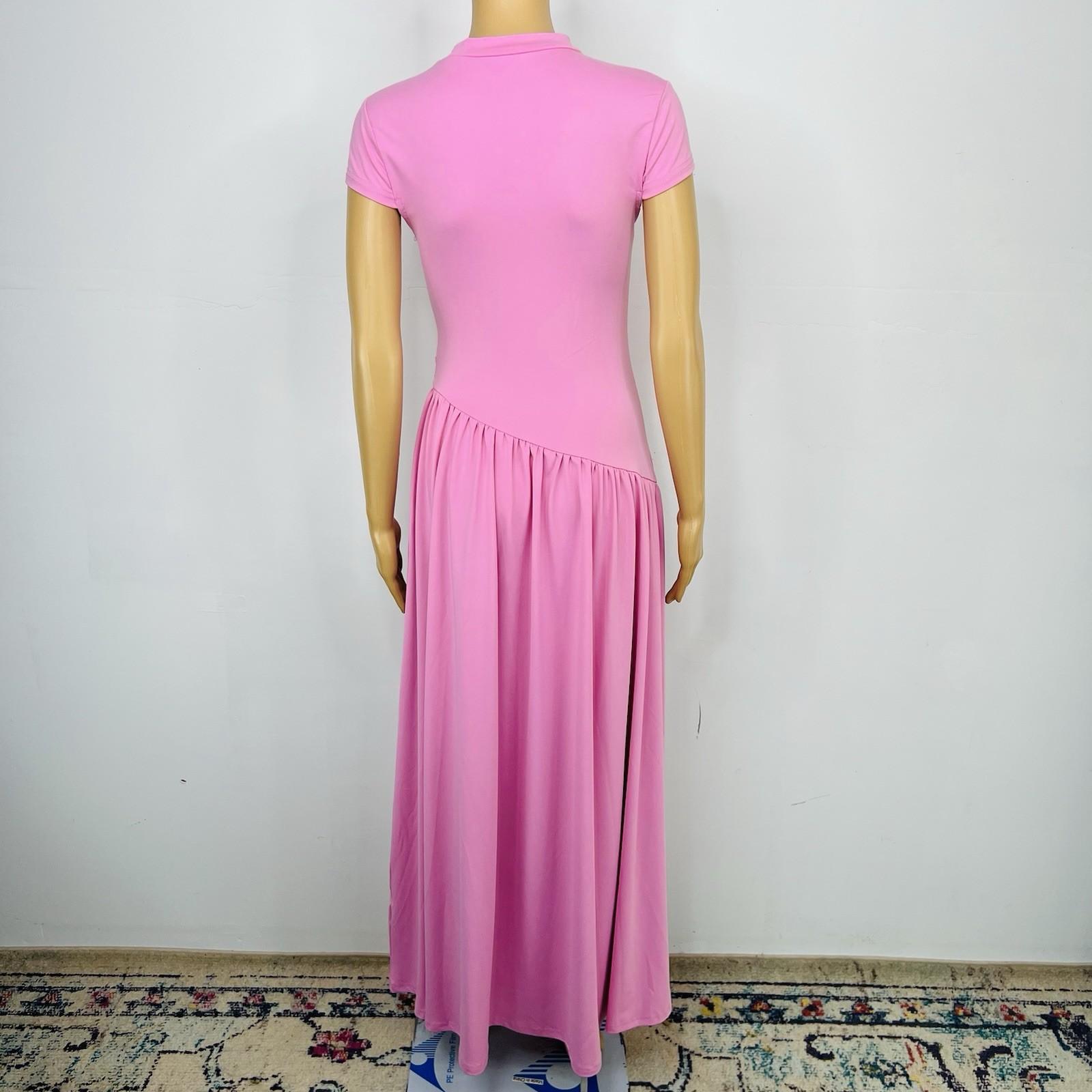 Women Maxi Stretch Dress Size M Pink Mock Neck Cap Sleeves Flowy Modest