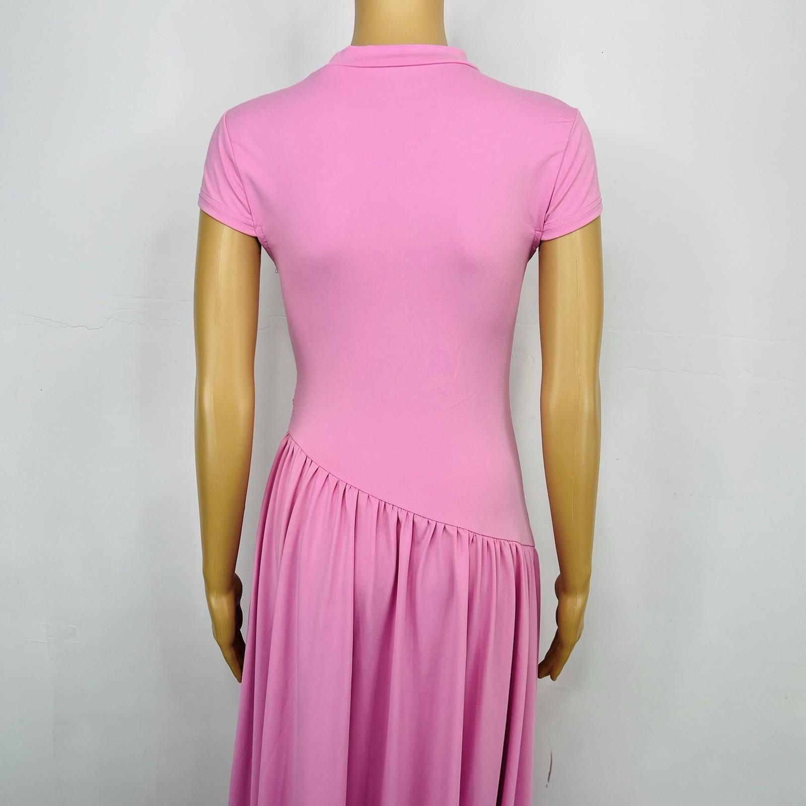 Women Maxi Stretch Dress Size M Pink Mock Neck Cap Sleeves Flowy Modest