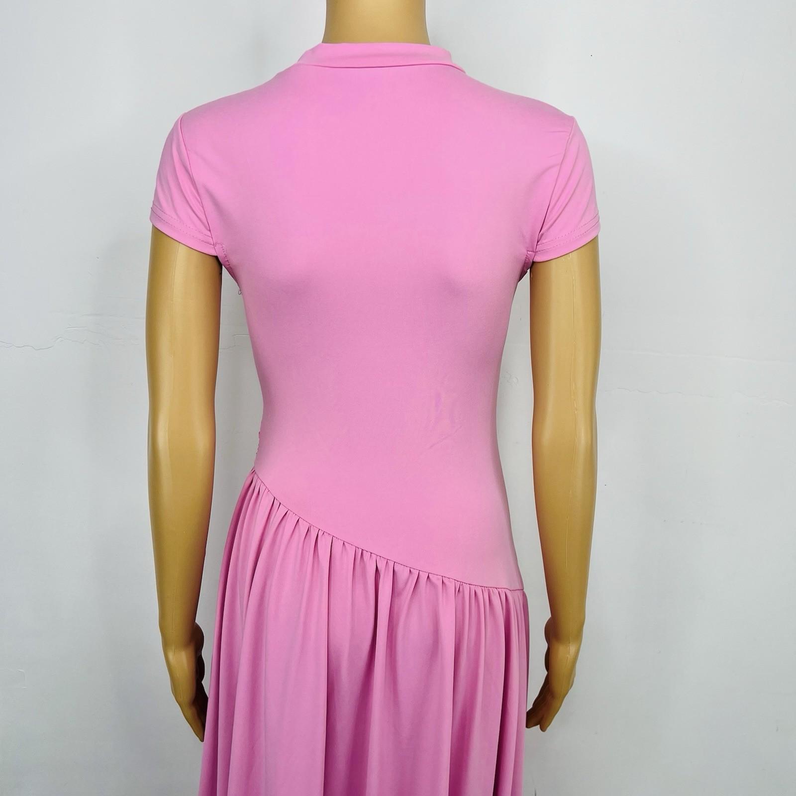 Women Maxi Stretch Dress Size M Pink Mock Neck Cap Sleeves Flowy Modest