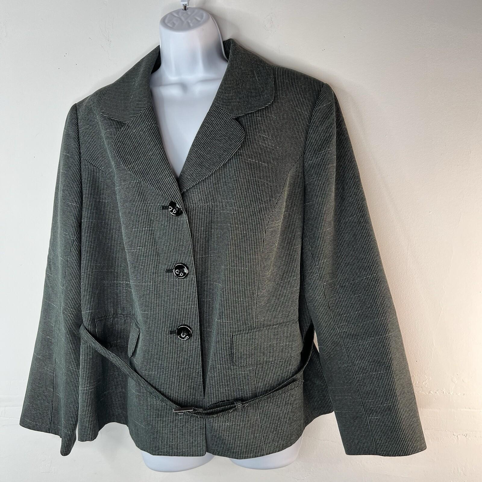 10-6364.jpg Le Suit Polyester Rayon Skirt Suit 16W Green Black Striped Pleated Belted Lined