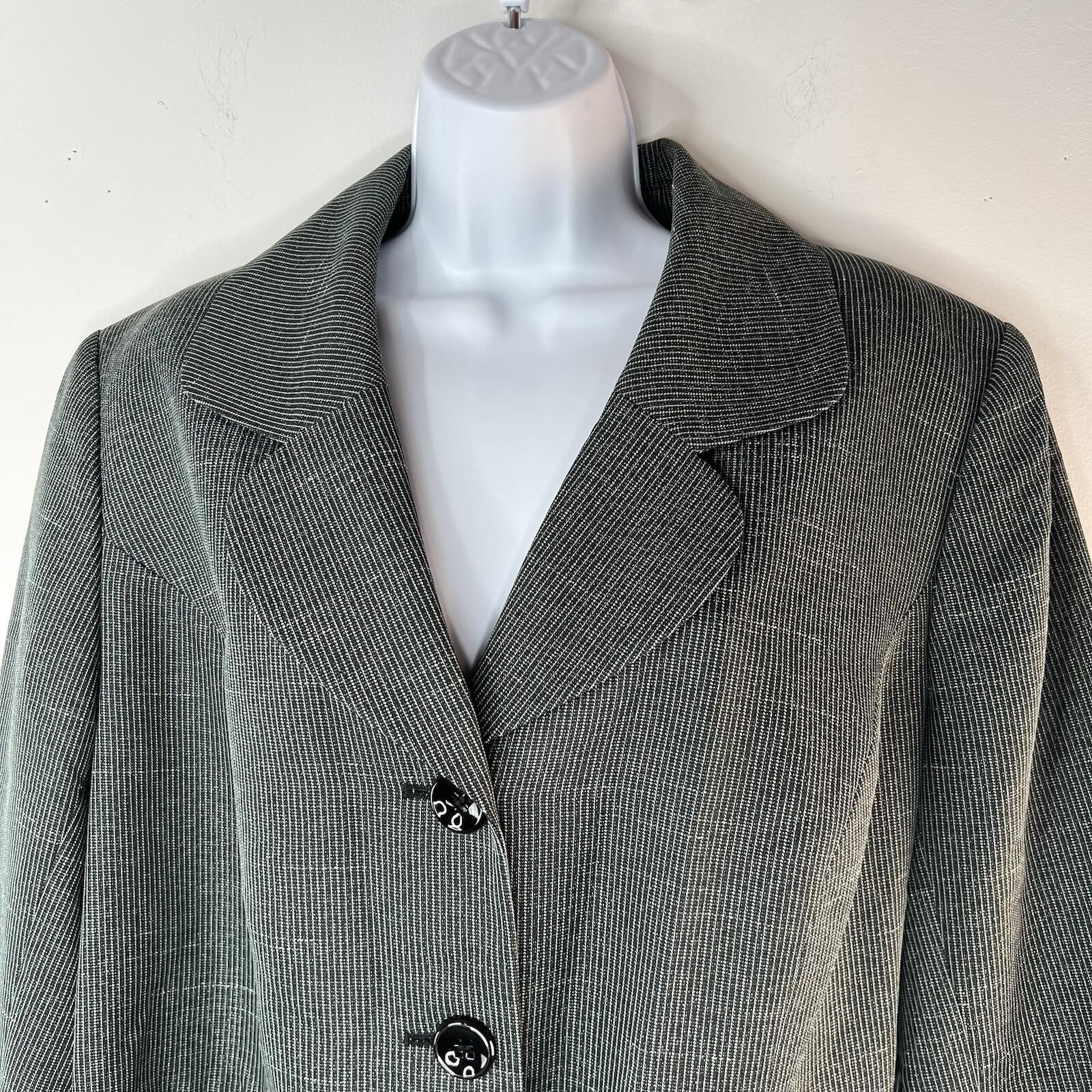 10-6365.jpg Le Suit Polyester Rayon Skirt Suit 16W Green Black Striped Pleated Belted Lined