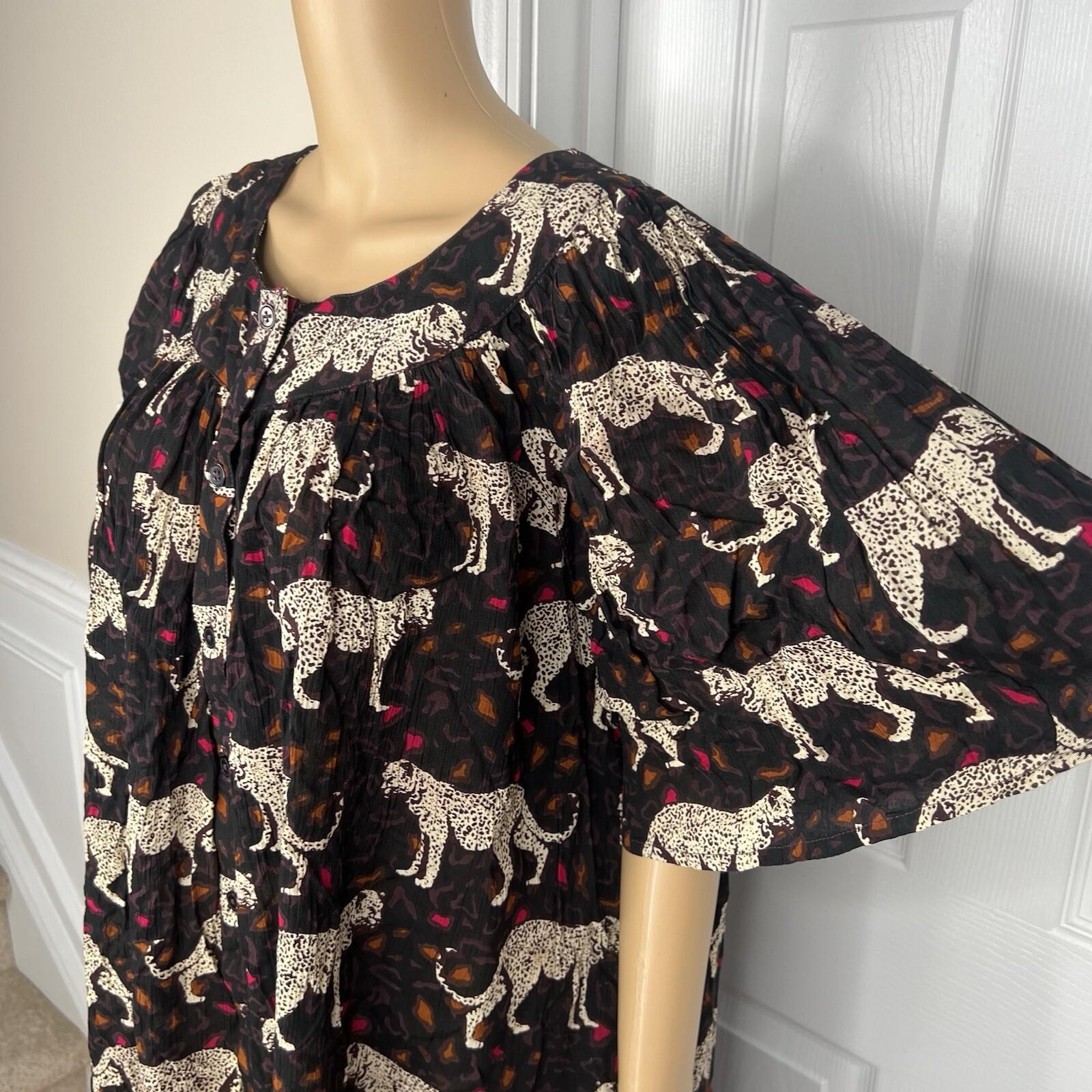 10-6388.jpg Go Softly Dress 2X Kaftan Printed Black Cheetah Crinkled Patio Flutter Sleeves