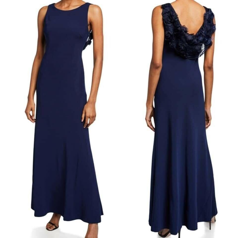 Karl Lagerfeld Paris Polyester Stretch Gown Size 4 Navy Blue Flower Applique New