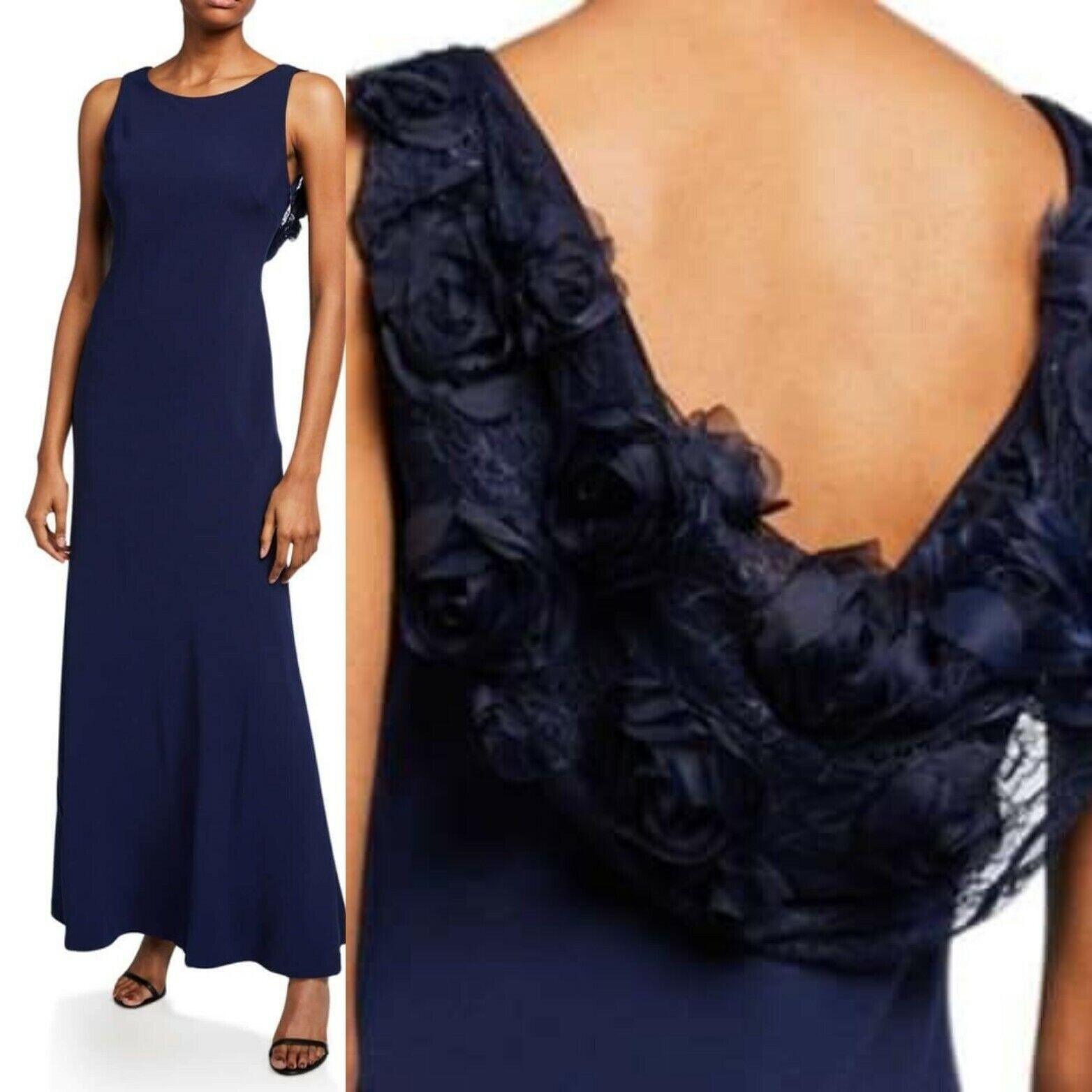 Karl Lagerfeld Paris Polyester Stretch Gown Size 4 Navy Blue Flower Applique New