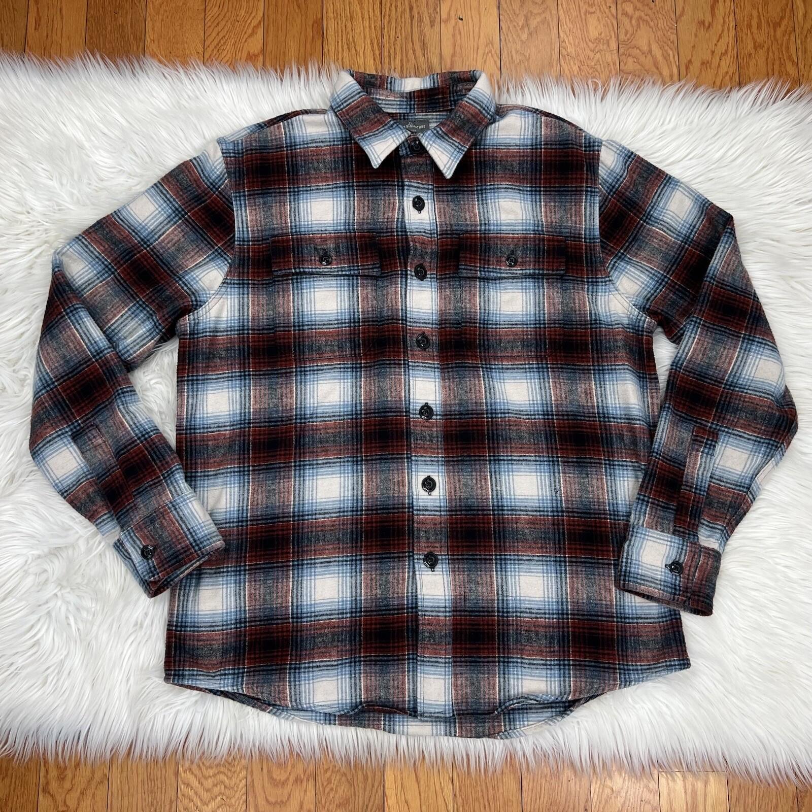 LL Bean Signature Cotton Shirt Plaid Flannel Long Sleeve Slim Fit Button Up