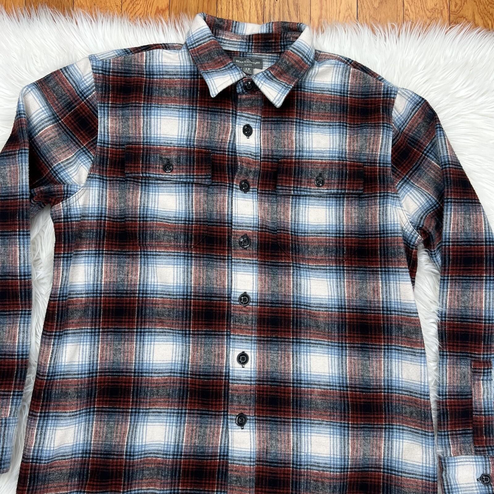 LL Bean Signature Cotton Shirt Plaid Flannel Long Sleeve Slim Fit Button Up