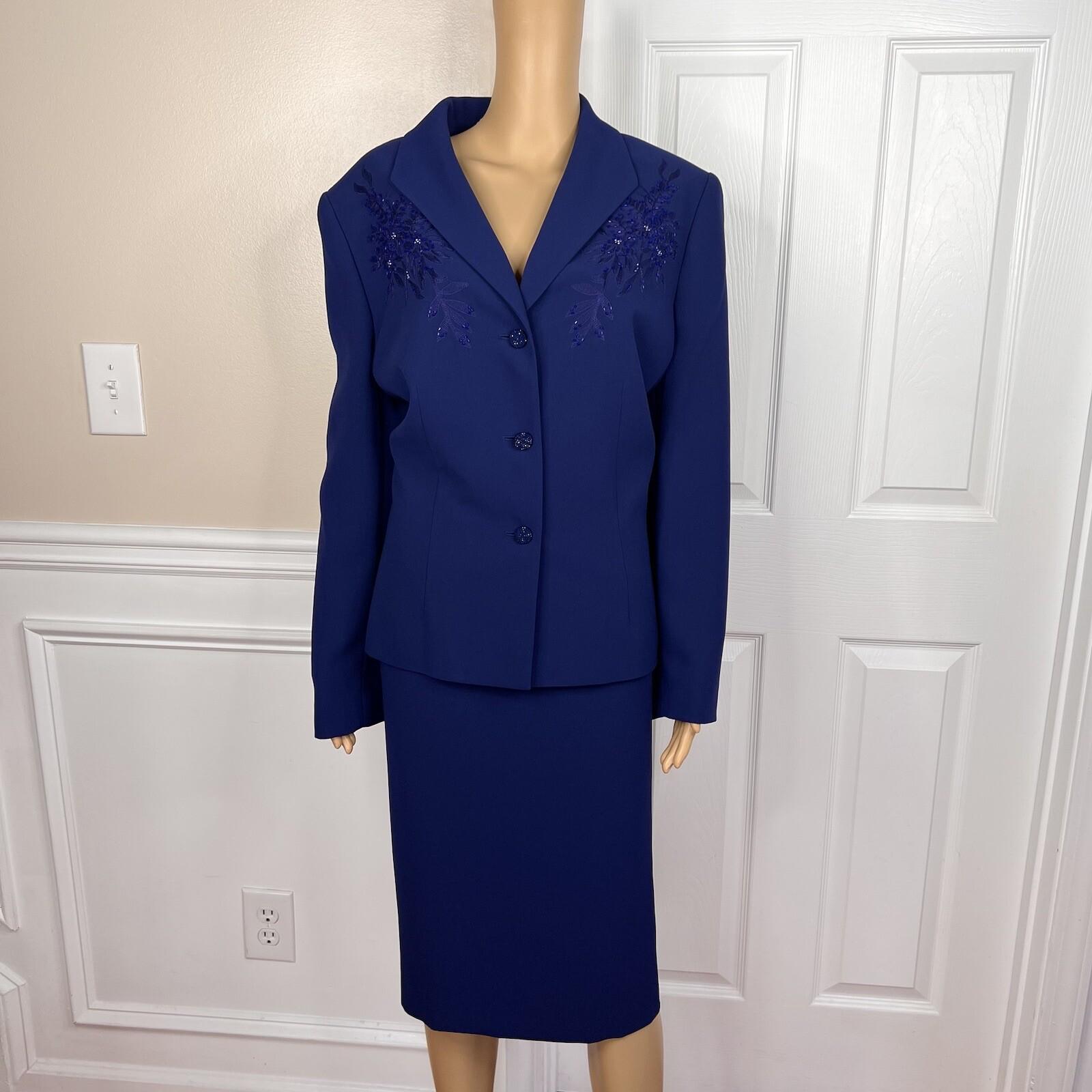 10-6457.jpg Nipon Boutique Polyester Skirt Suit Size 18 Blue Beaded Women 2 Piece Lined