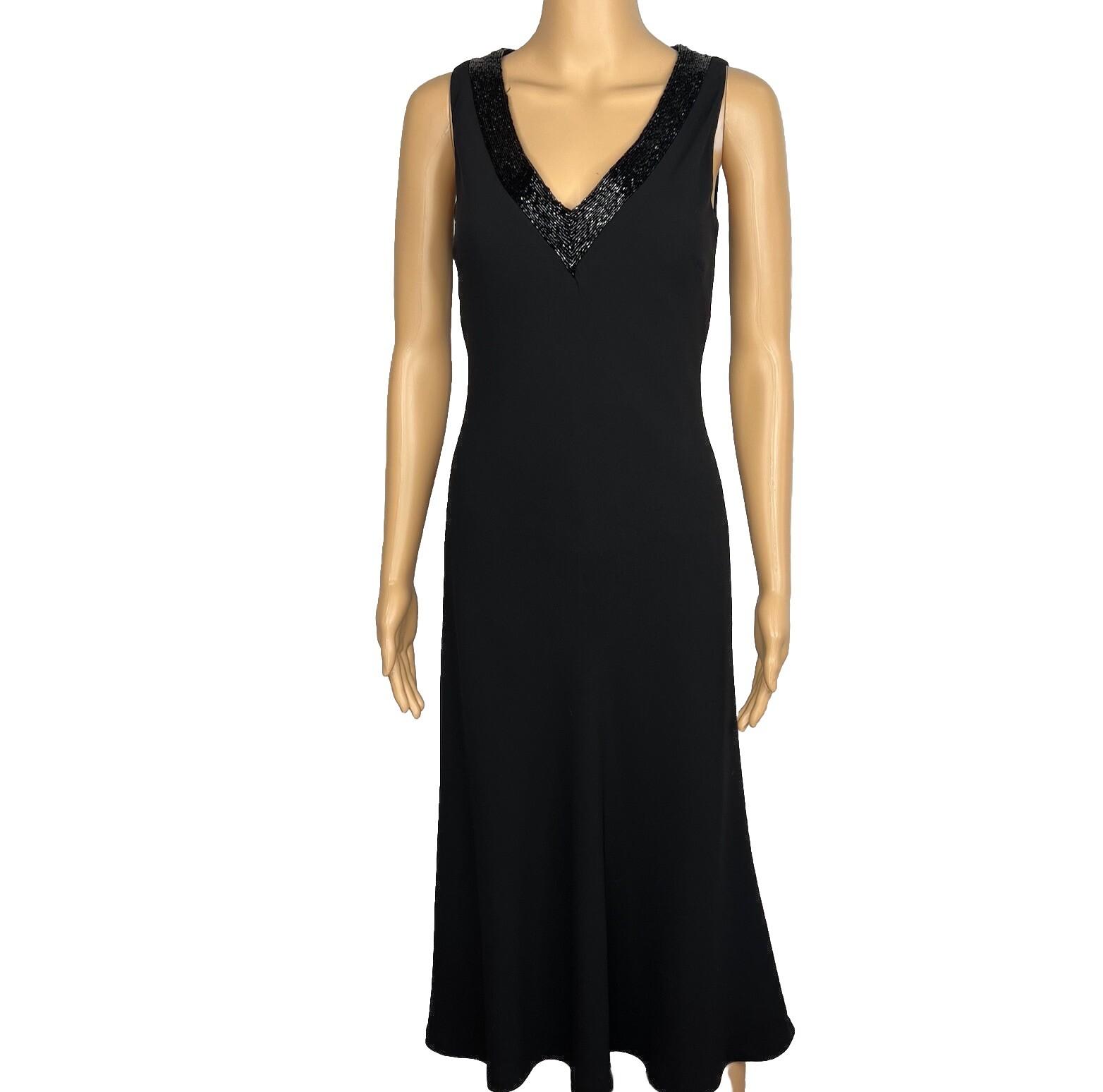 Lauren Ralph Lauren Polyester Formal Dress Size 2 Black Beaded V-Neck Maxi Lined