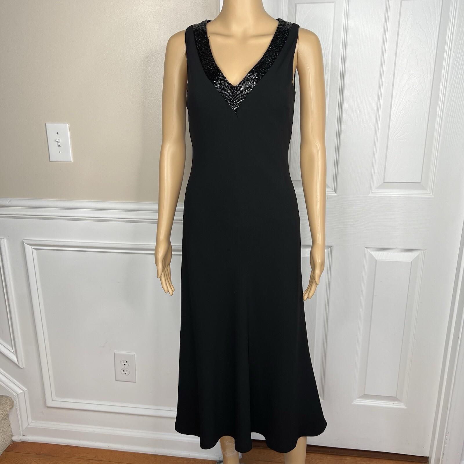 Lauren Ralph Lauren Polyester Formal Dress Size 2 Black Beaded V-Neck Maxi Lined