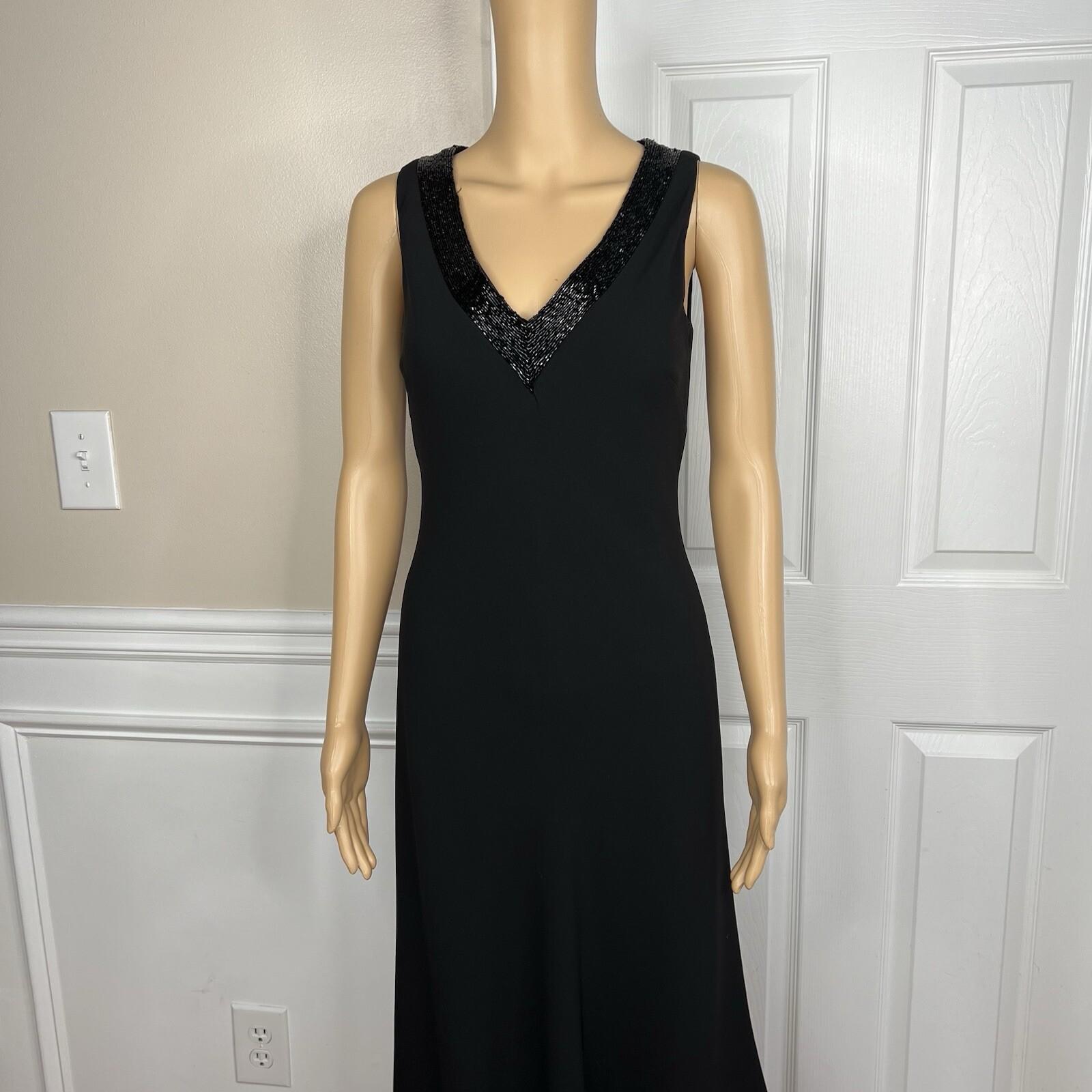 Lauren Ralph Lauren Polyester Formal Dress Size 2 Black Beaded V-Neck Maxi Lined