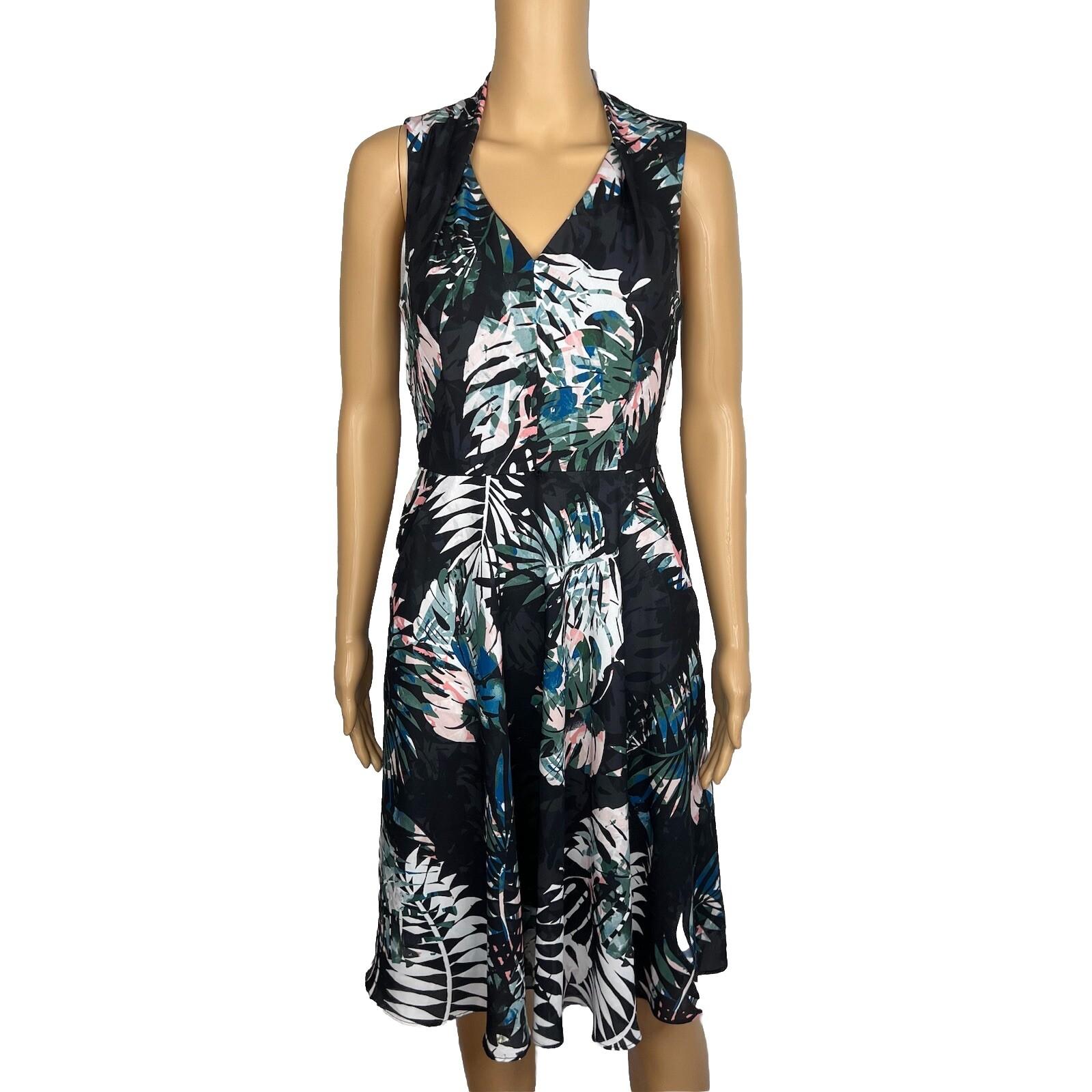 10-6477.jpg Tahari ASL Polyester Spandex Dress 2 Floral Sleeveless Belted Fit Flared Pockets