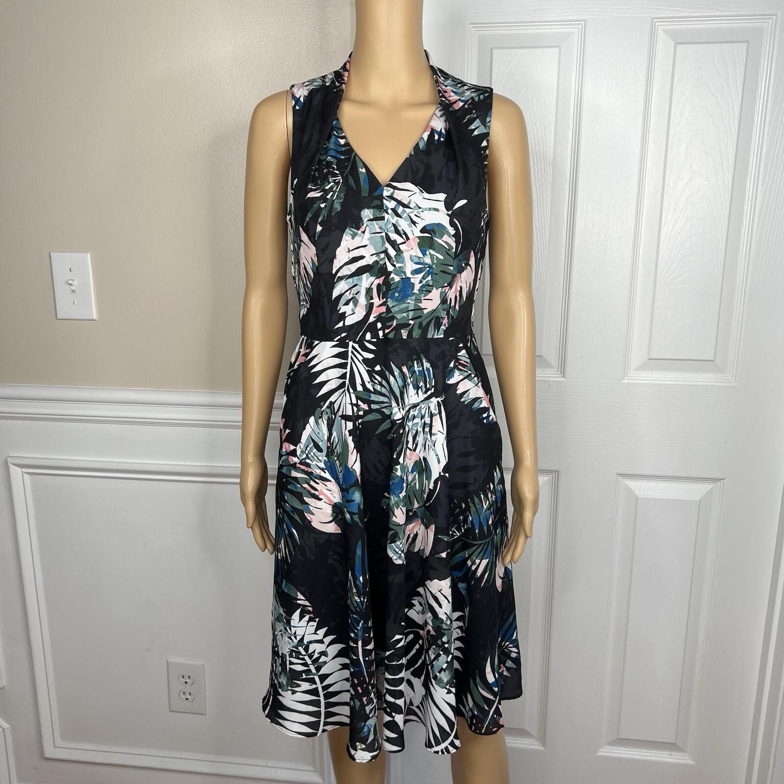 10-6478.jpg Tahari ASL Polyester Spandex Dress 2 Floral Sleeveless Belted Fit Flared Pockets