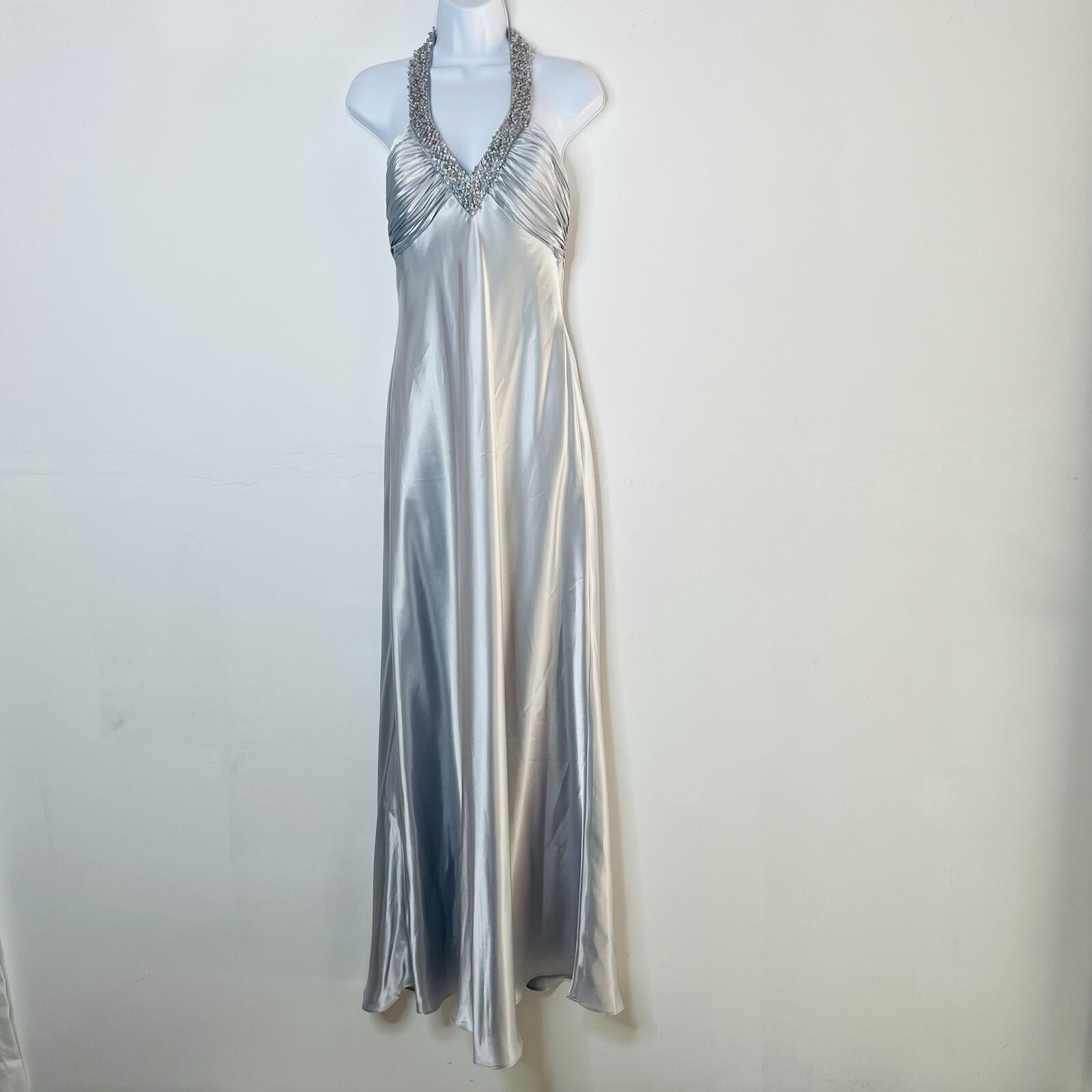 Cachet Vtg Silk Metallic Formal Dress 10 Coquette Beaded Silver Y2K Gothic