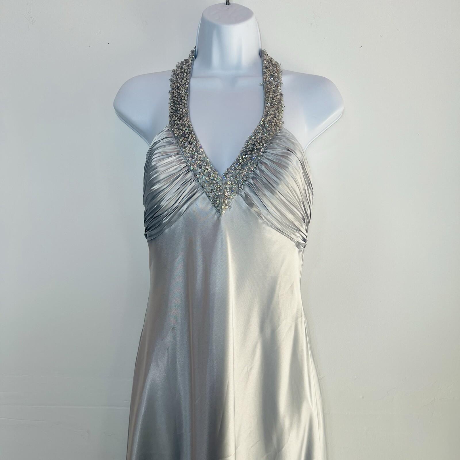 Cachet Vtg Silk Metallic Formal Dress 10 Coquette Beaded Silver Y2K Gothic