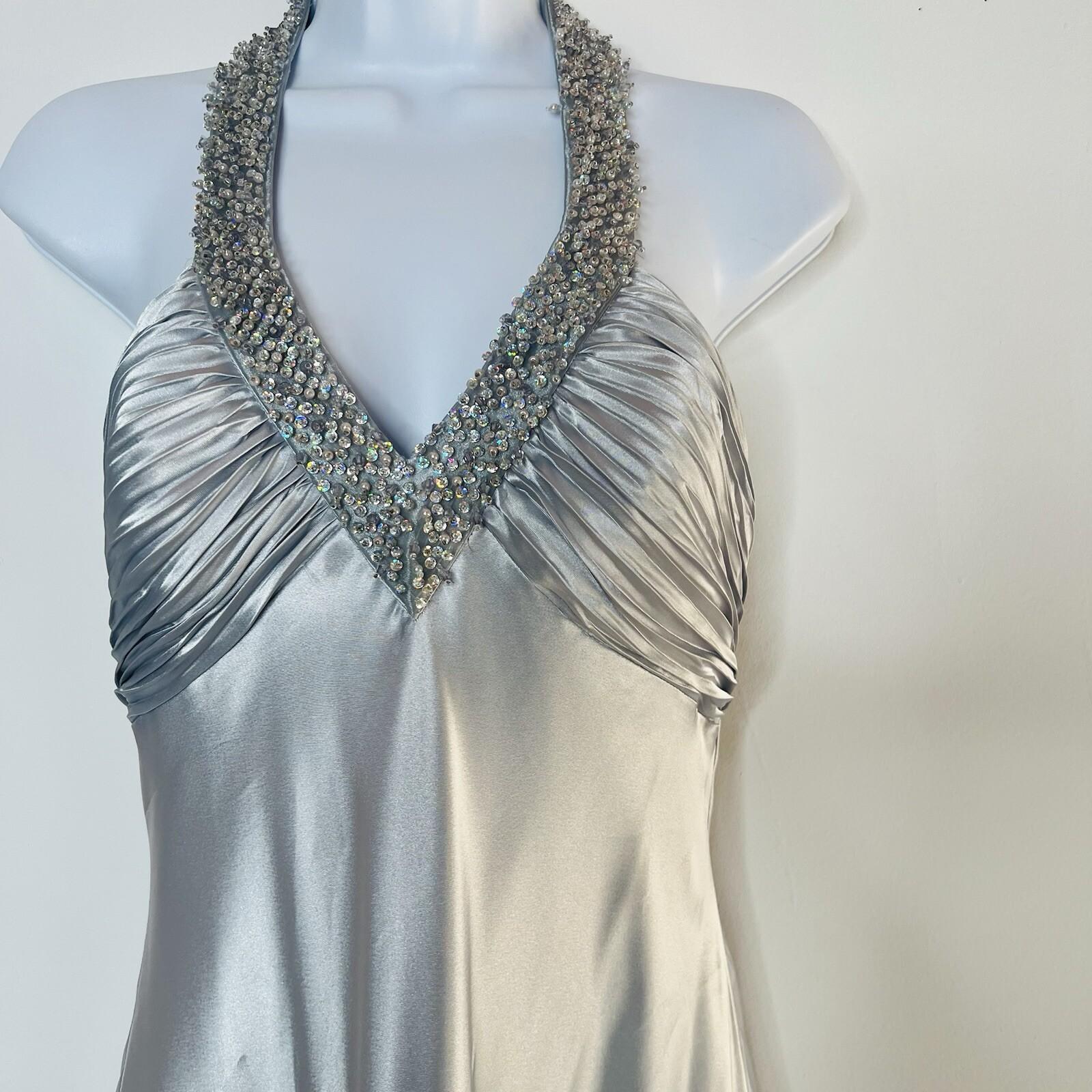 Cachet Vtg Silk Metallic Formal Dress 10 Coquette Beaded Silver Y2K Gothic