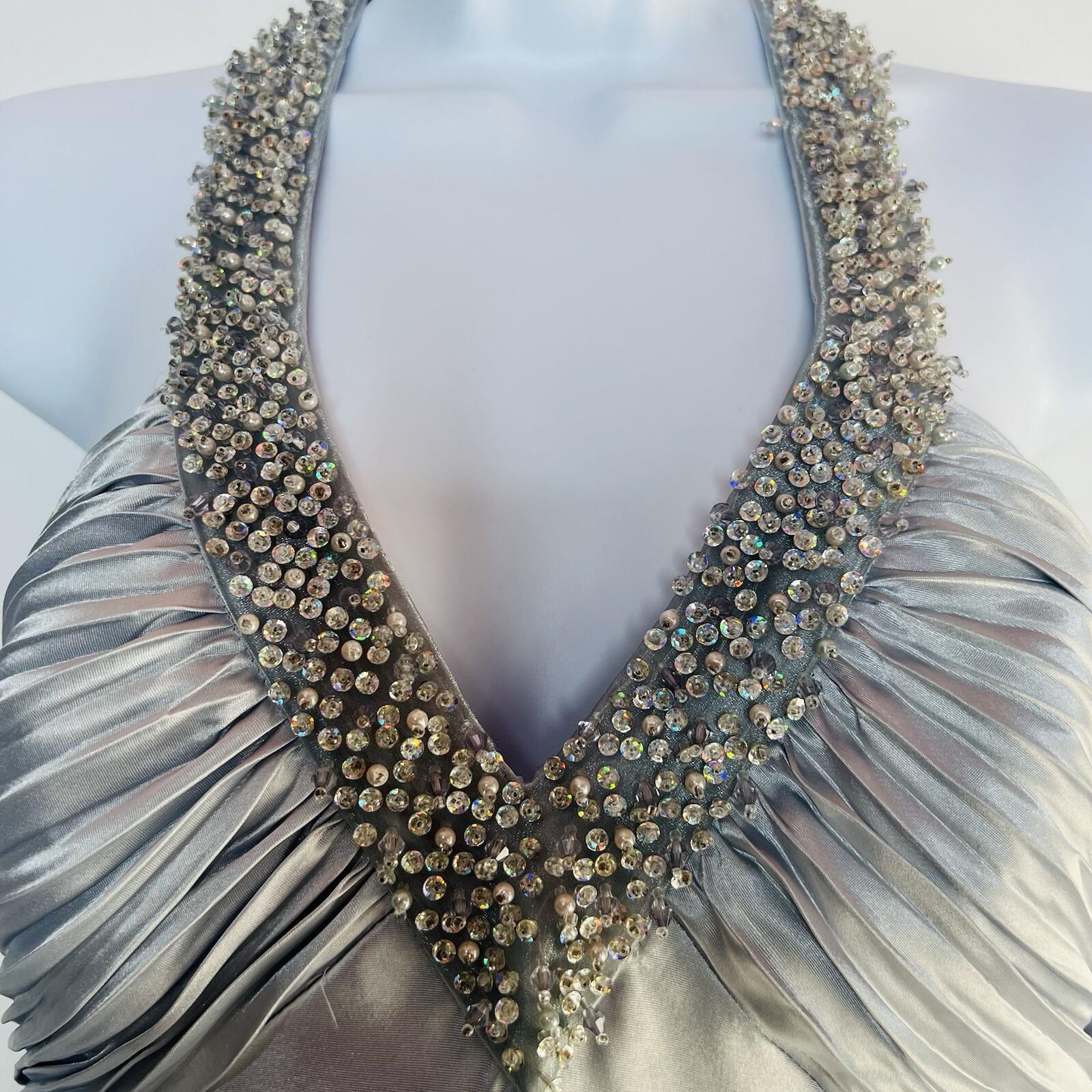 Cachet Vtg Silk Metallic Formal Dress 10 Coquette Beaded Silver Y2K Gothic