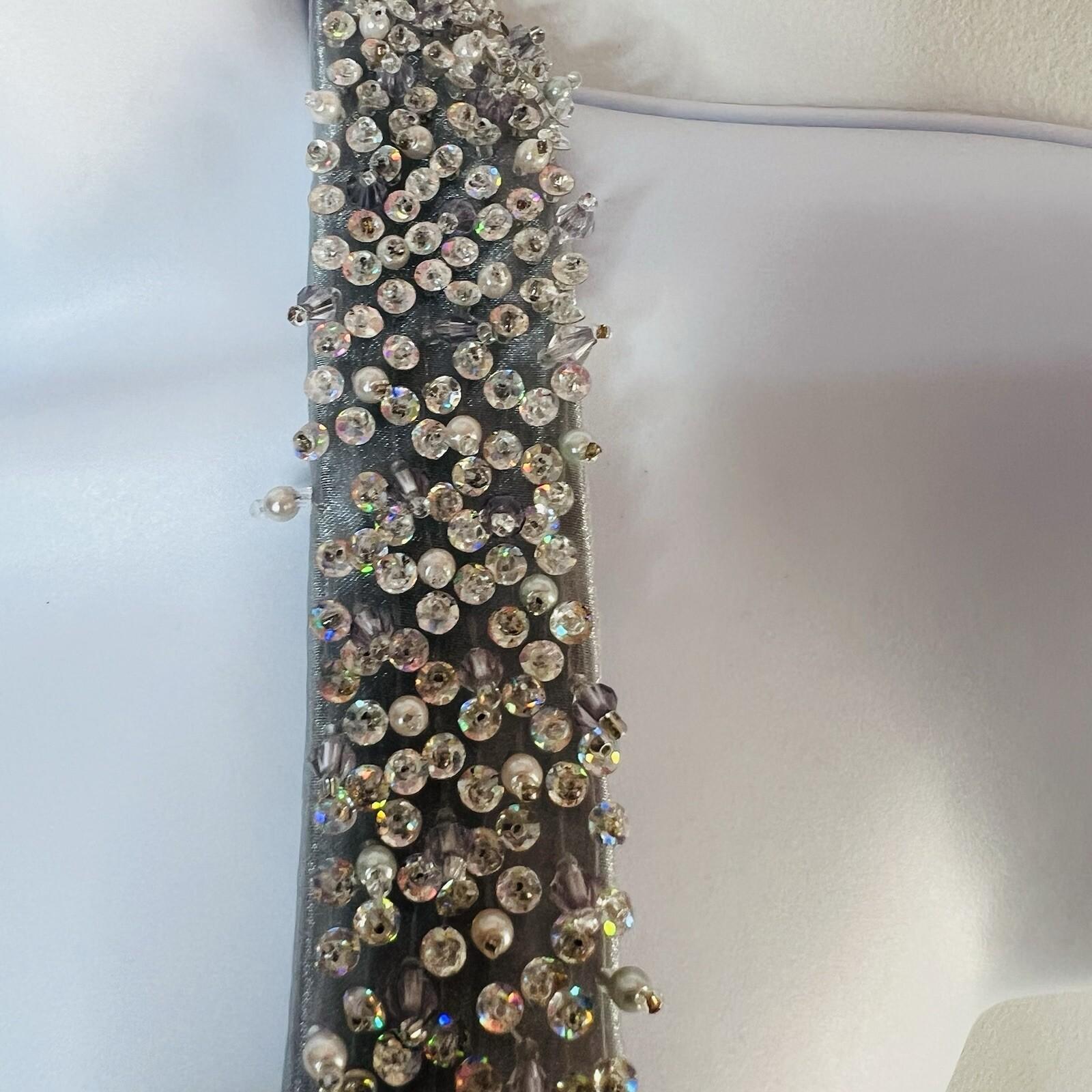 Cachet Vtg Silk Metallic Formal Dress 10 Coquette Beaded Silver Y2K Gothic