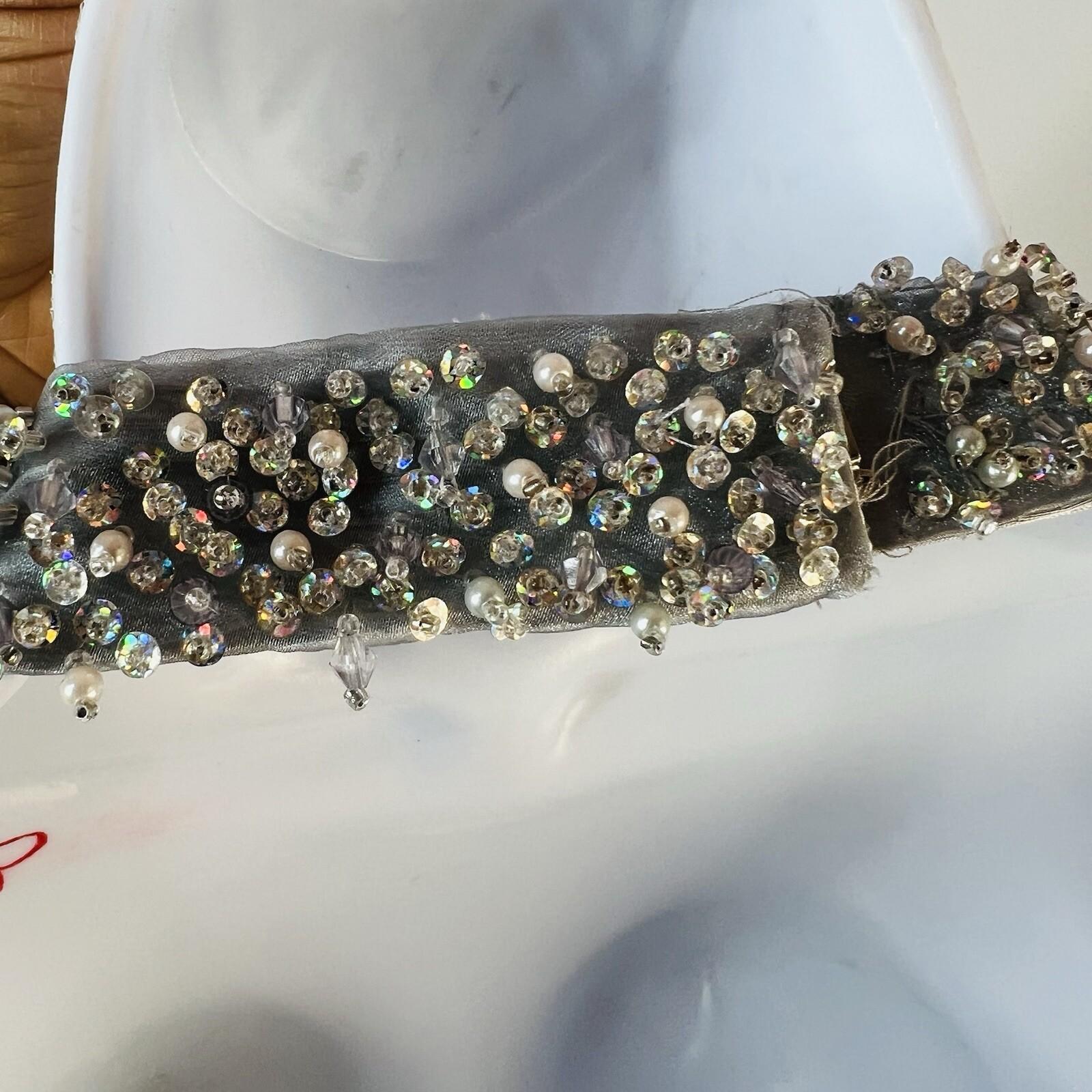 Cachet Vtg Silk Metallic Formal Dress 10 Coquette Beaded Silver Y2K Gothic