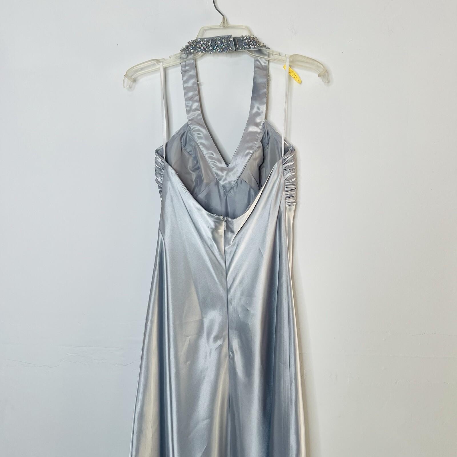 Cachet Vtg Silk Metallic Formal Dress 10 Coquette Beaded Silver Y2K Gothic