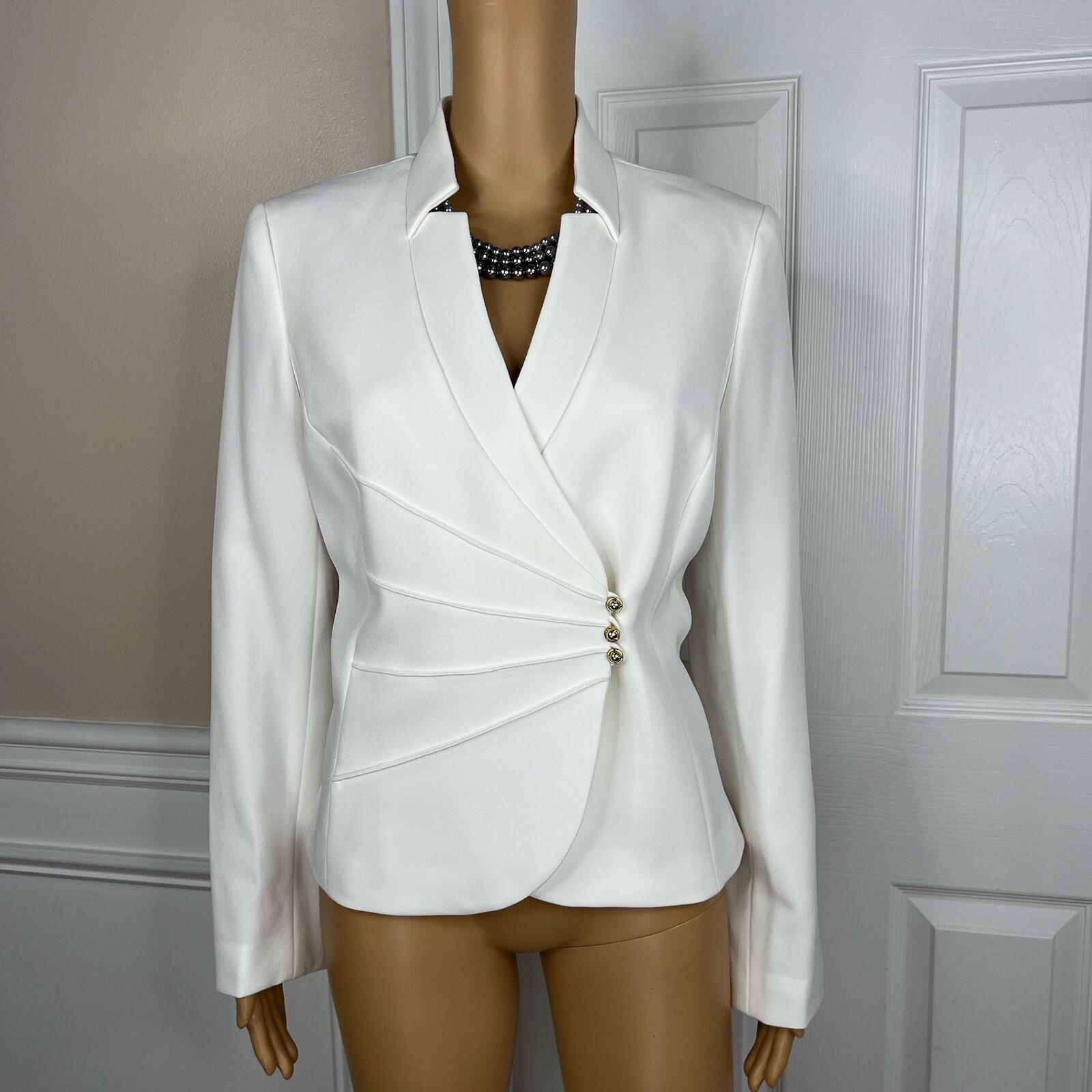 TAHARI ASL Polyester Spandex Blazer Size 10 Ivory Stand Up Collar Lined Wrap 1PC