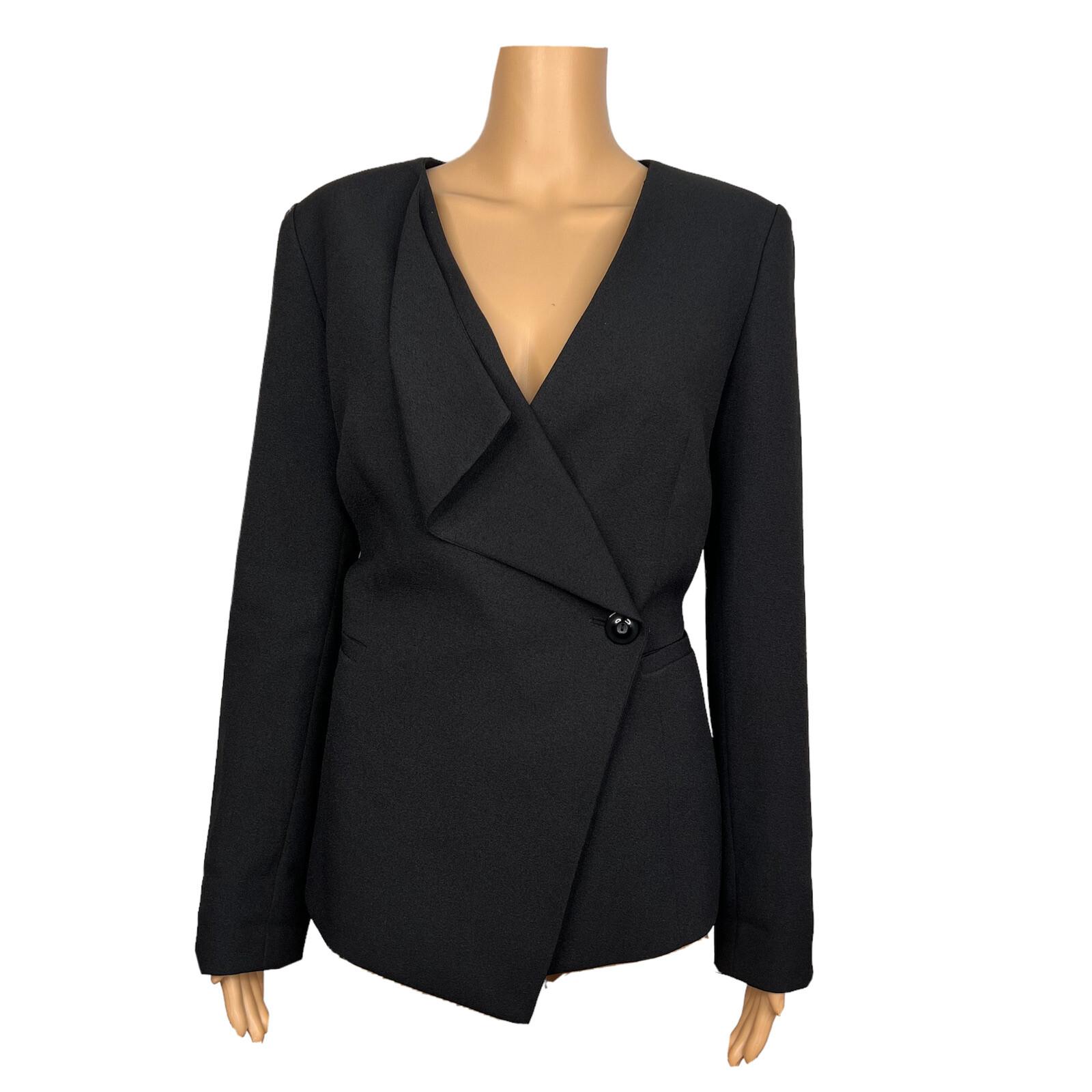 Tahari Women Polyester Stretch Blazer Size 8 Black lined Ruffle Collarless Wrap