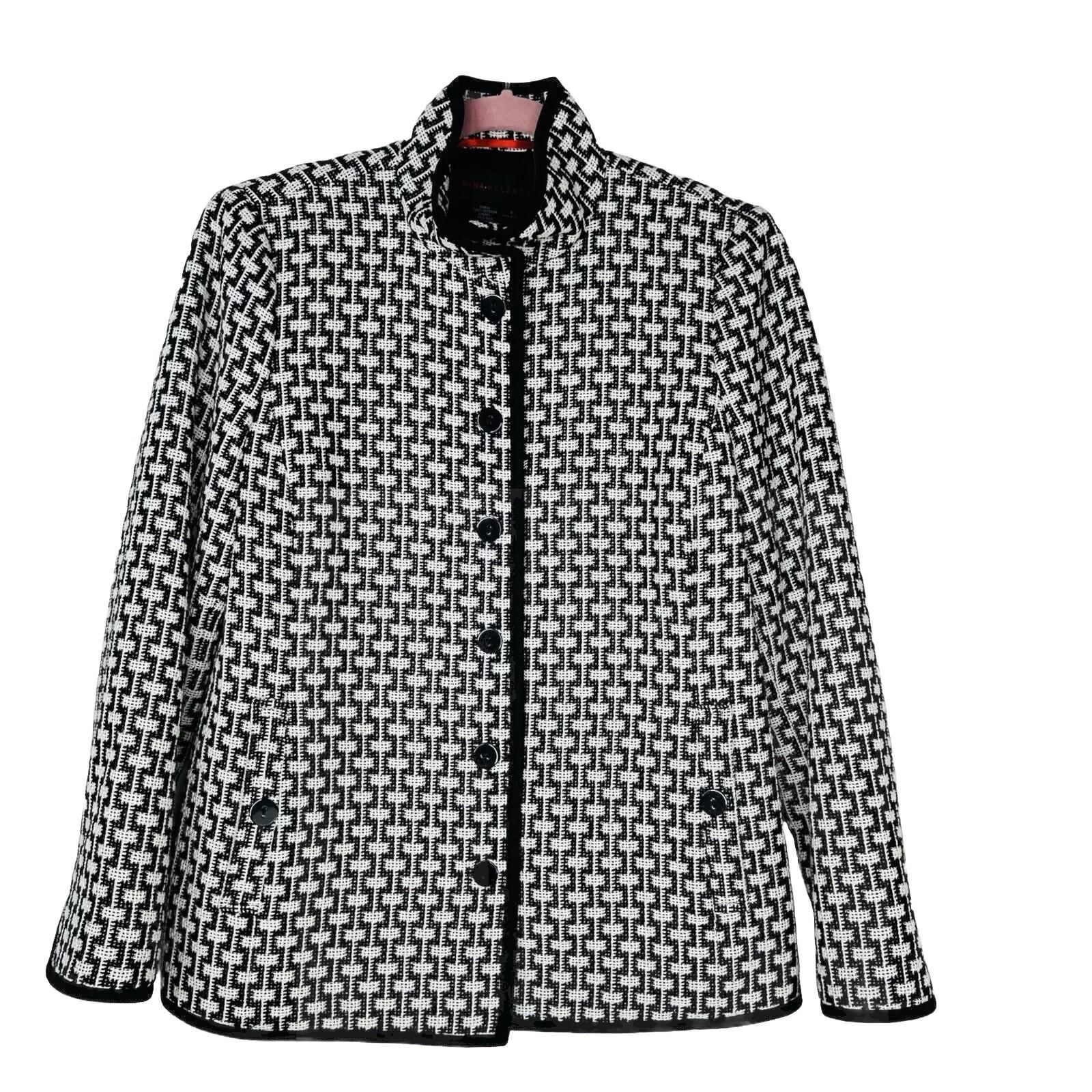 Nina Mclemore Cotton Blazer Size 6 Black White Textured Business Geometric Lined