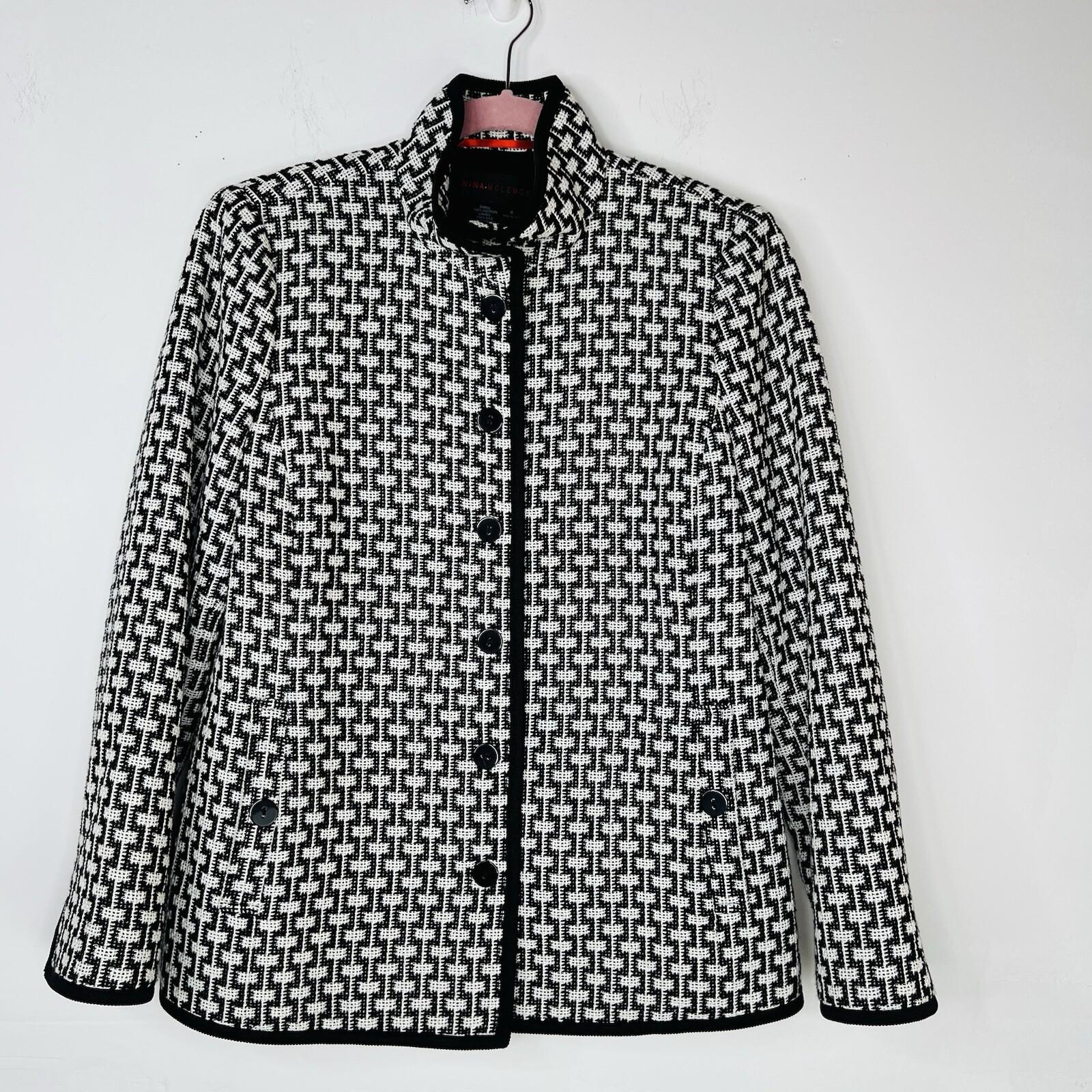 Nina Mclemore Cotton Blazer Size 6 Black White Textured Business Geometric Lined