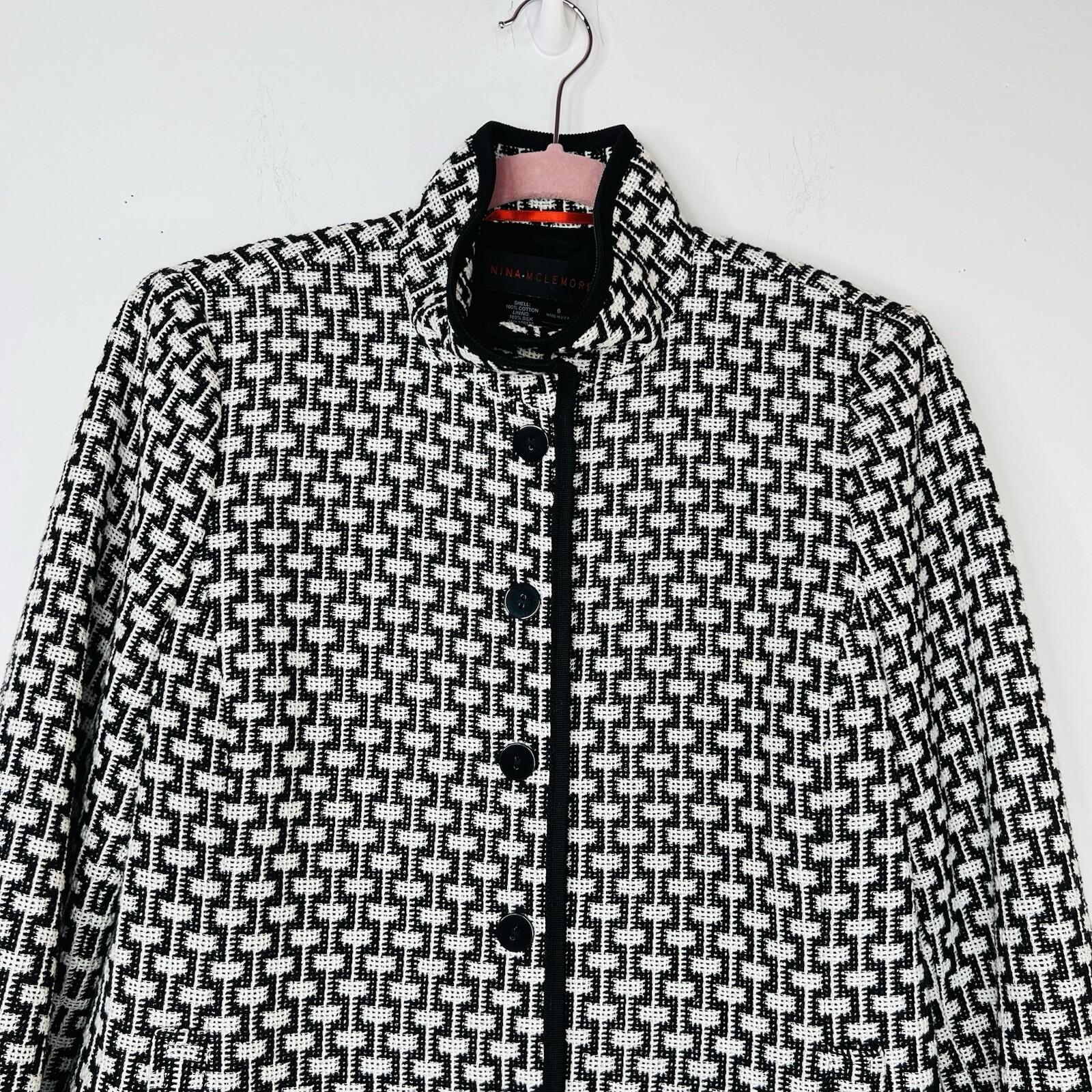 Nina Mclemore Cotton Blazer Size 6 Black White Textured Business Geometric Lined